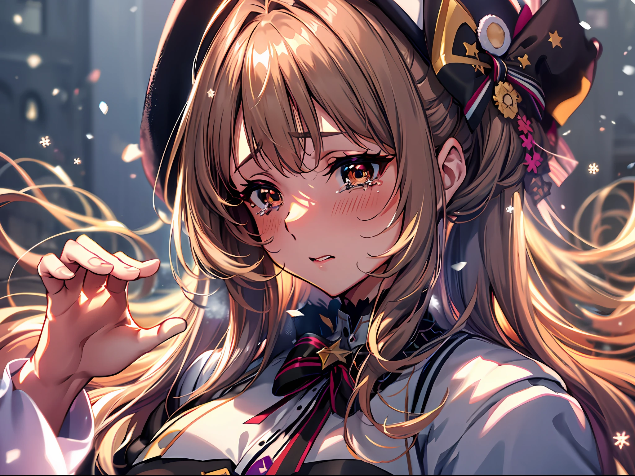Starry eyes, it looks even more beautiful than immortal, Ahoge, hair, star-shaped pupils, amber eyes, colored contact lenses, blush, high detail, anime, romanticism, modern, gothic art, anime style, film lighting, ray tracing, motion rye, close-up, sony fe gm, uhd, high detail, top quality, 8k, big breasts, light brown hair, hat, twin tails, clean fingers, well-formed fingers, long jacket, ribbon, mystery, knitted hat, snow, impatience, tears, sadness, waving hands