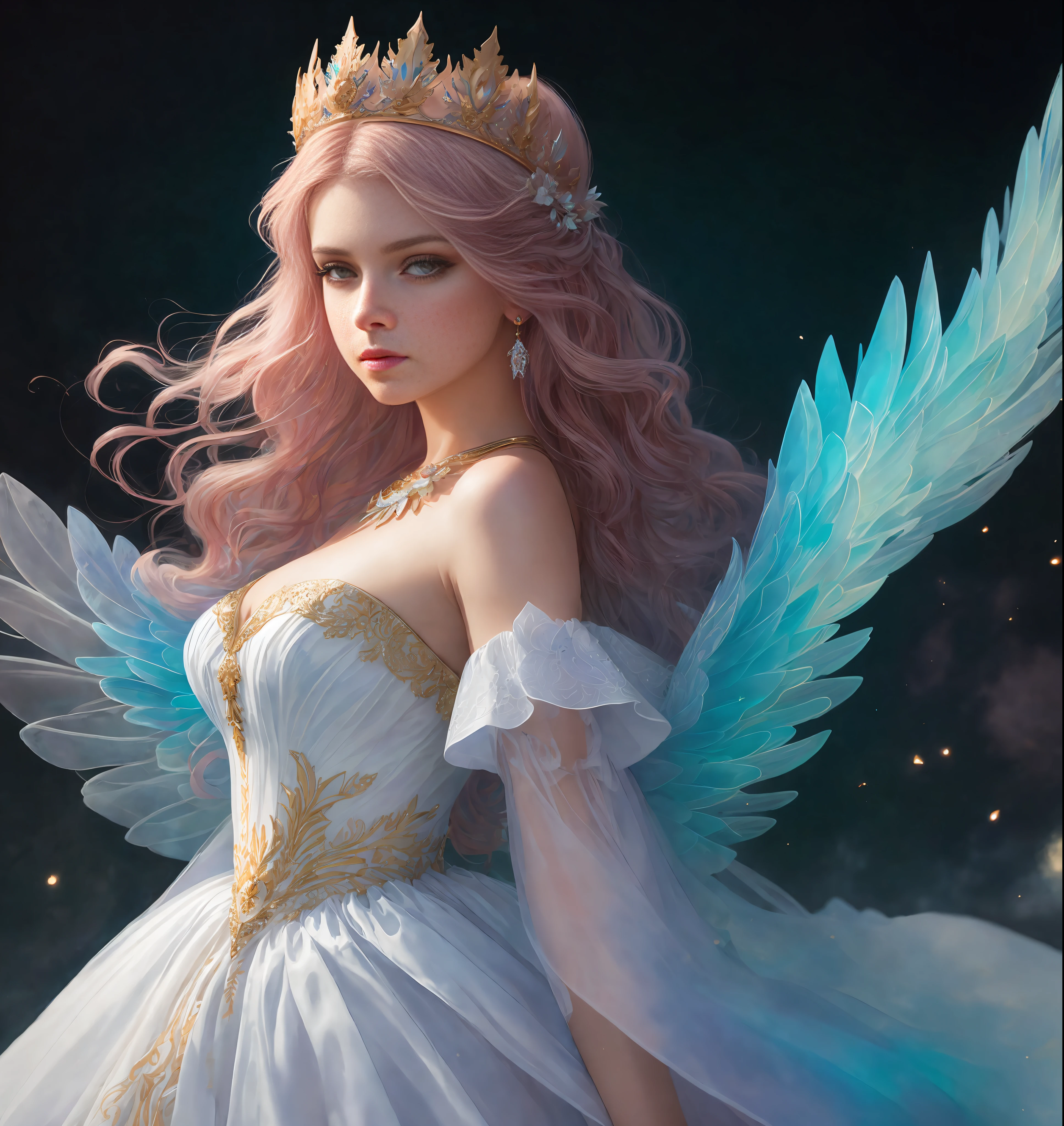 a photography, HD,, photo, woman, beautiful dress ornate, in the style of stefan kostic, realistic, half body shot, sharp focus, 8 k high definition, insanely detailed, intricate, elegant, art by stanley lau and artgerm, extreme blur flames background, Princess girl with wing, Blue, Pastel, glitter, dramatic, dreamy, pastel, Watercolor, Whimsical, Delicate, seashell crown, Trending on Artstation, Highly detailed, Intricate, Portrait, digital painting, Fantasy theme, Fantasy robes, Fantasy concept art, Fantasy character art, Smug, Teenage girl, perfect body, full body, dreamy, pastel, Watercolor, Whimsical, Delicate, seashell crown masterpiece, 8k, perfect lighting, , adult, female, cowboy shot, looking at viewer, cinematic lighting, Fawn