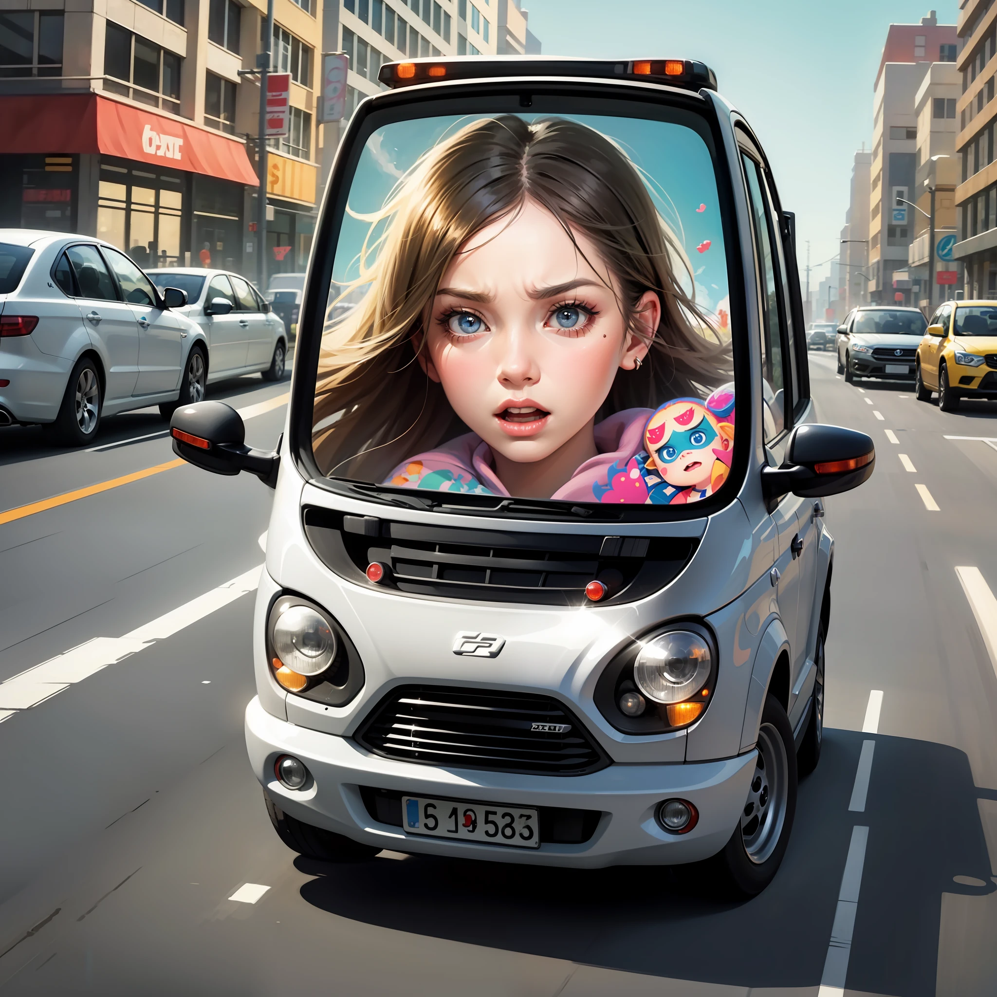 Cartoon girl driving car with angry expression on her face, cute number drawing, driving, driving a car, realistic cute girl painting, Guvez style artwork, Loche van Barr, cute detailed digital art, realistic cartoon, fast driving, Pixar and Ilya Kuvhinov, Goro Fujita, cute artwork