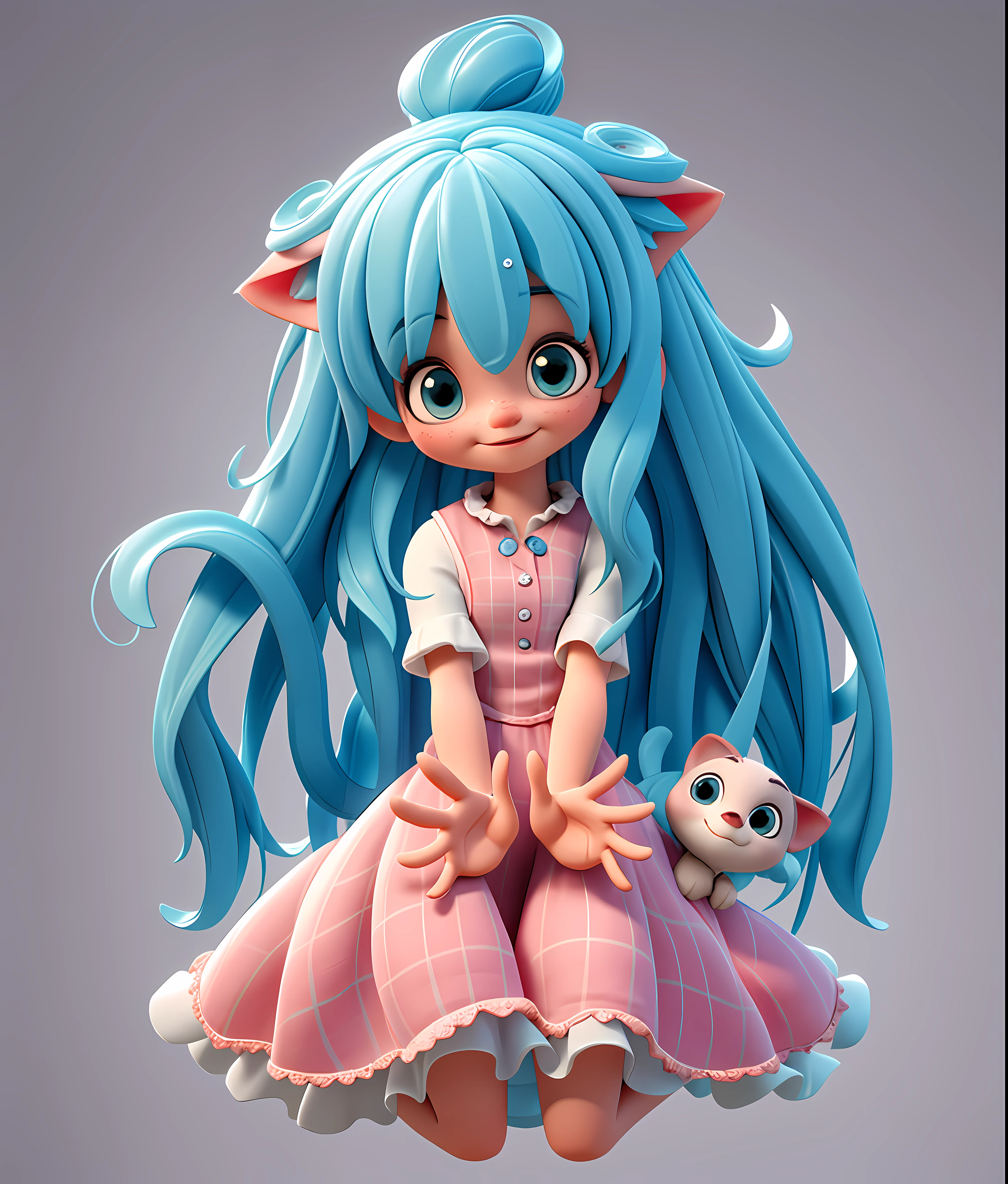 A picture of long-haired girl and cat, cute with big watery eyes, full body, delicate shoes, delicate hair, long curly hair, song set, pompadour skirt, beautiful vest, lace shirt, puff sleeves, sequins, bow, plaid hair, white hair, headphones, long hair, popmart blind box, clay texture, clean background, natural light, best quality, hyperdetail, 3d art, c4d, blender, oc renderer, 3d rendering, 8k