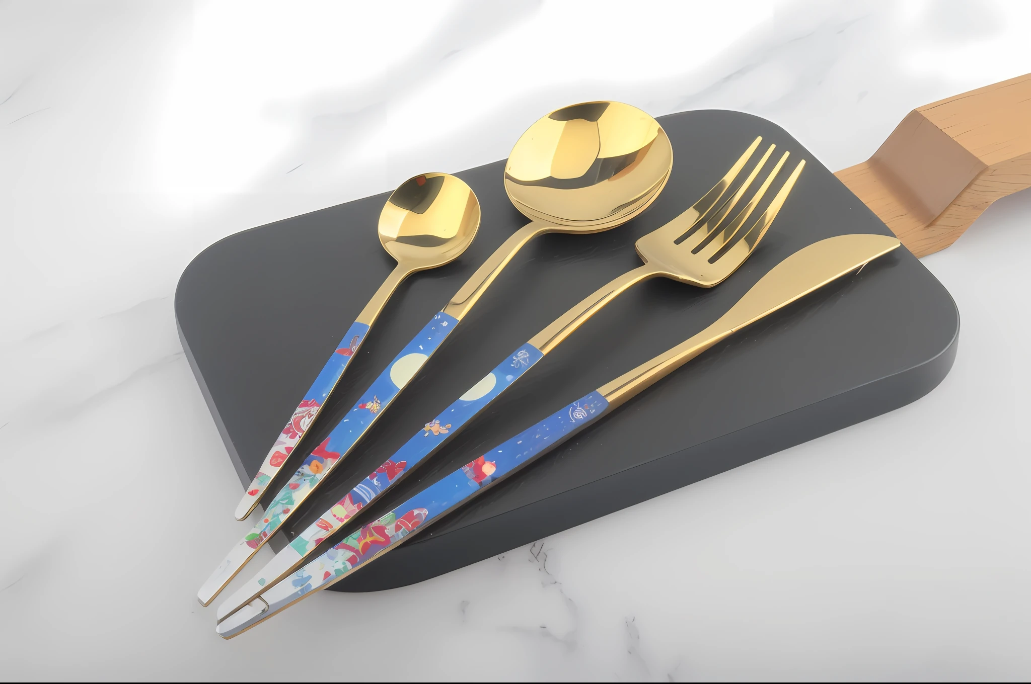 there are four forks and spoons on a black board, cutlery, spoon placed, ceramic, plated arm, four, enamel, glass tableware, masterpiece w 1024, vintage - w 1 0 2 4, spoon, modern, yummy, artisan, femme, 2 0 2 4, 2024, retro vintage, metal kitchen utensils