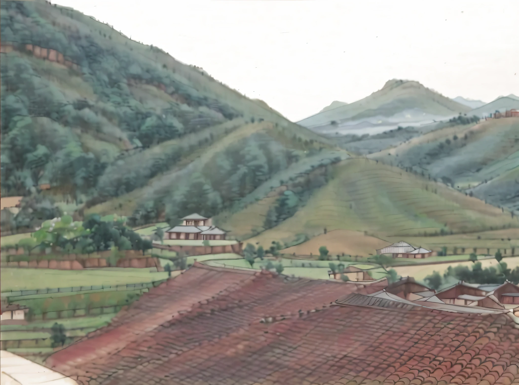 mountains with a few houses and a few trees in the distance, korean countryside, hills in the background, view of villages, with rolling hills, village in the background, hills and mountains, flowing hills, view from a distance, mountainous setting, moutain in background, some houses in the background, with village, countryside, mountainous area, view from the distance