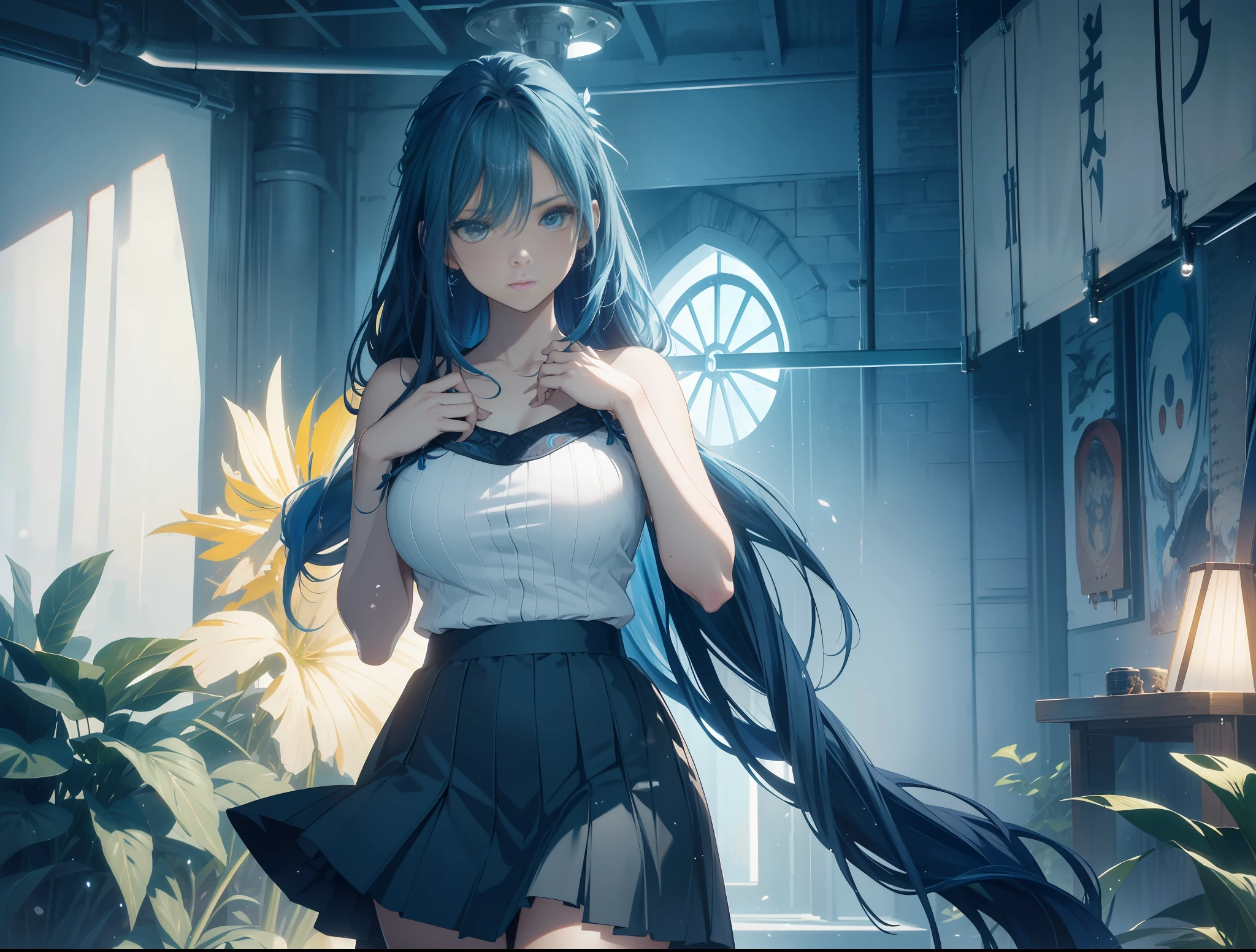 Show scene ((Maiden looking at the sky))), blue hair color, ponytail, flowing hair, girl, white shirt, short skirt, fine painting, jewel-like blue-green gradient eyes, slender thighs, standing posture, full body, detail portrayal, many islands suspended in the air, Hayao Miyazaki, city, fantasy, magical plant growth, extreme detail, realistic light, epic composition, (intricate detail), (complex design, ultra detail: 1.2), art station, (masterpiece, best quality), ultra HD, 32k --v 6