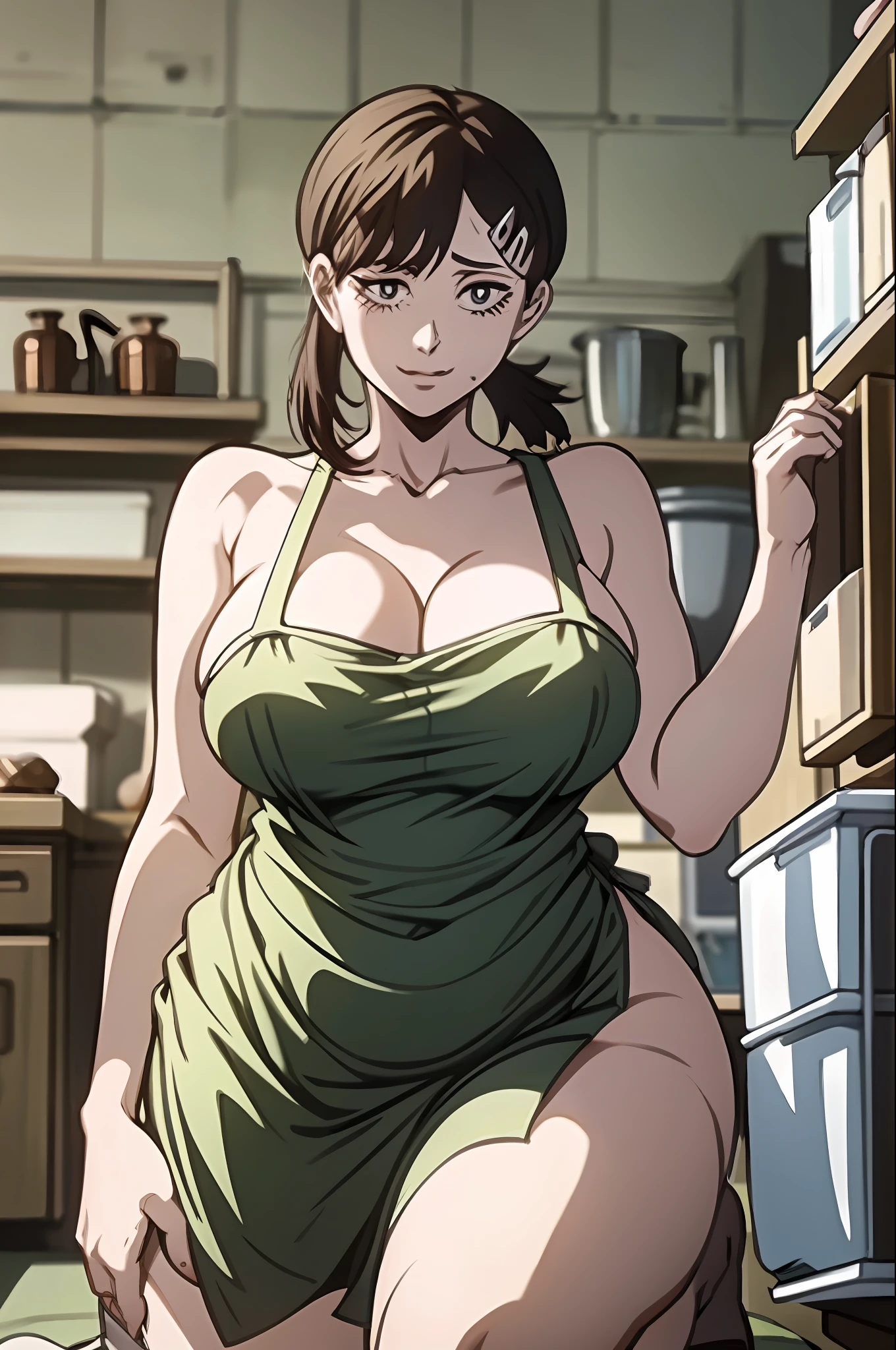 A tall and beautiful mature woman with a confident expression, showing her thighs and shoulders, a chubby body, big breasts, a ball head, wearing a bare apron, a human wife, in a kitchen, kneeling on the ground.