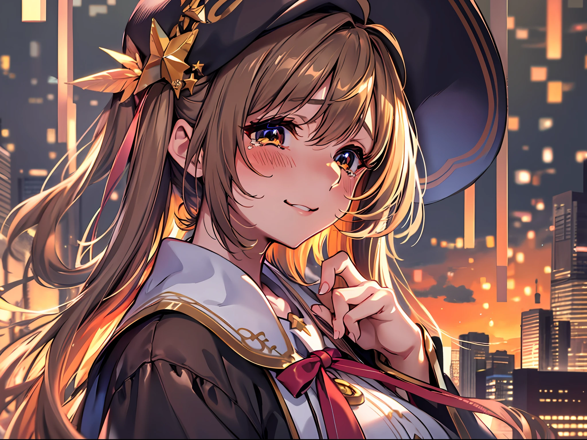 Starry eyes, it looks even more beautiful than immortal, Ahoge, hair, star-shaped pupils, amber eyes, colored contact lenses, blush, high detail, anime, romanticism, modern, gothic art, anime style, film lighting, ray tracing, motion rye, close-up, sony fe gm, uhd, high detail, top quality, 8k, big breasts, light brown hair, Hat, twin tails, beautiful fingers, well-formed fingers, long jacket, ribbon, mystery, knitted hat, snow, tears, happy, smile, shy face