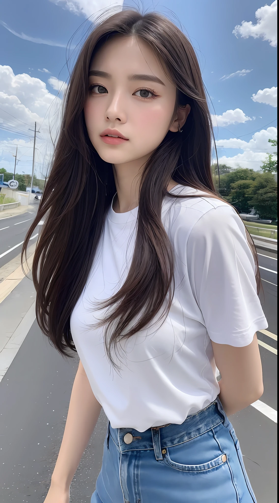 (A GIRL: 1.6), (lora:russianDoll:0.4), (lora:TaiwanDoll:0.4), (best quality, 8k, masterpiece: 1.3), highly detailed face and skin texture, detailed eyes, double eyelids, whitened skin, long hair split edges, (round face: 1.4), blue sky, white clouds, highway, sea, (form behino) shooting angle, (cowboy shot) denim perspective