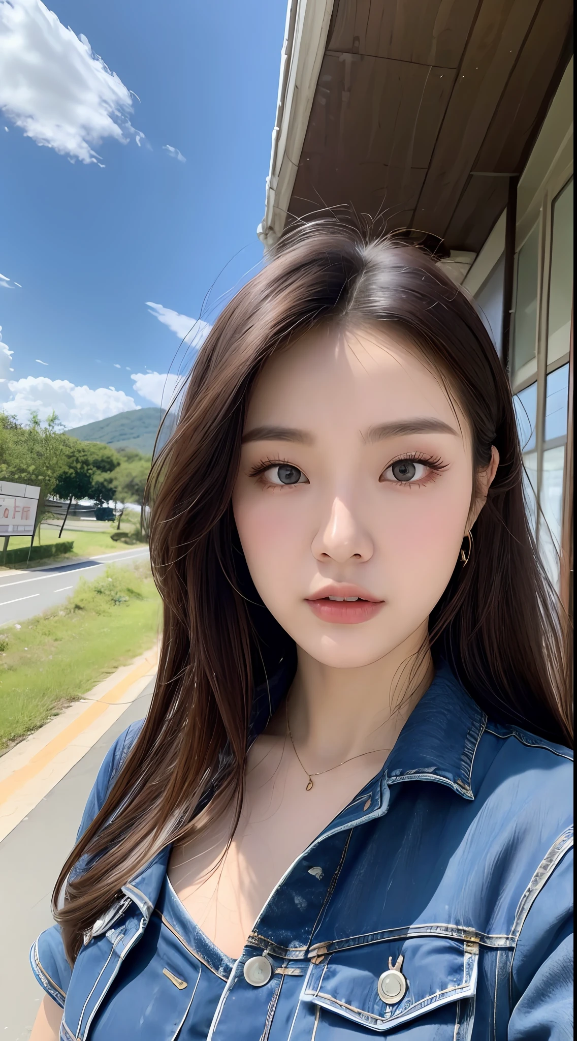 (A GIRL: 1.6), (lora:russianDoll:0.4), (lora:TaiwanDoll:0.4), (best quality, 8k, masterpiece: 1.3), highly detailed face and skin texture, detailed eyes, double eyelids, whitened skin, long hair split edges, (round face: 1.4), blue sky, white clouds, highway, sea, (form behino) shooting angle, (cowboy shot) denim perspective