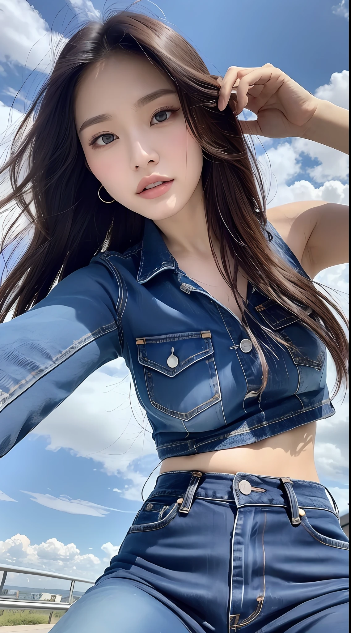 (A GIRL: 1.6), (lora:russianDoll:0.4), (lora:TaiwanDoll:0.4), (best quality, 8k, masterpiece: 1.3), highly detailed face and skin texture, detailed eyes, double eyelids, whitened skin, long hair split edges, (round face: 1.4), (blue sky: 1.5, white clouds: 1.5)), highway, sea, jeans, denim, (form behino) shooting angle, (cowboy shot), (from below), (from bottom) Look up