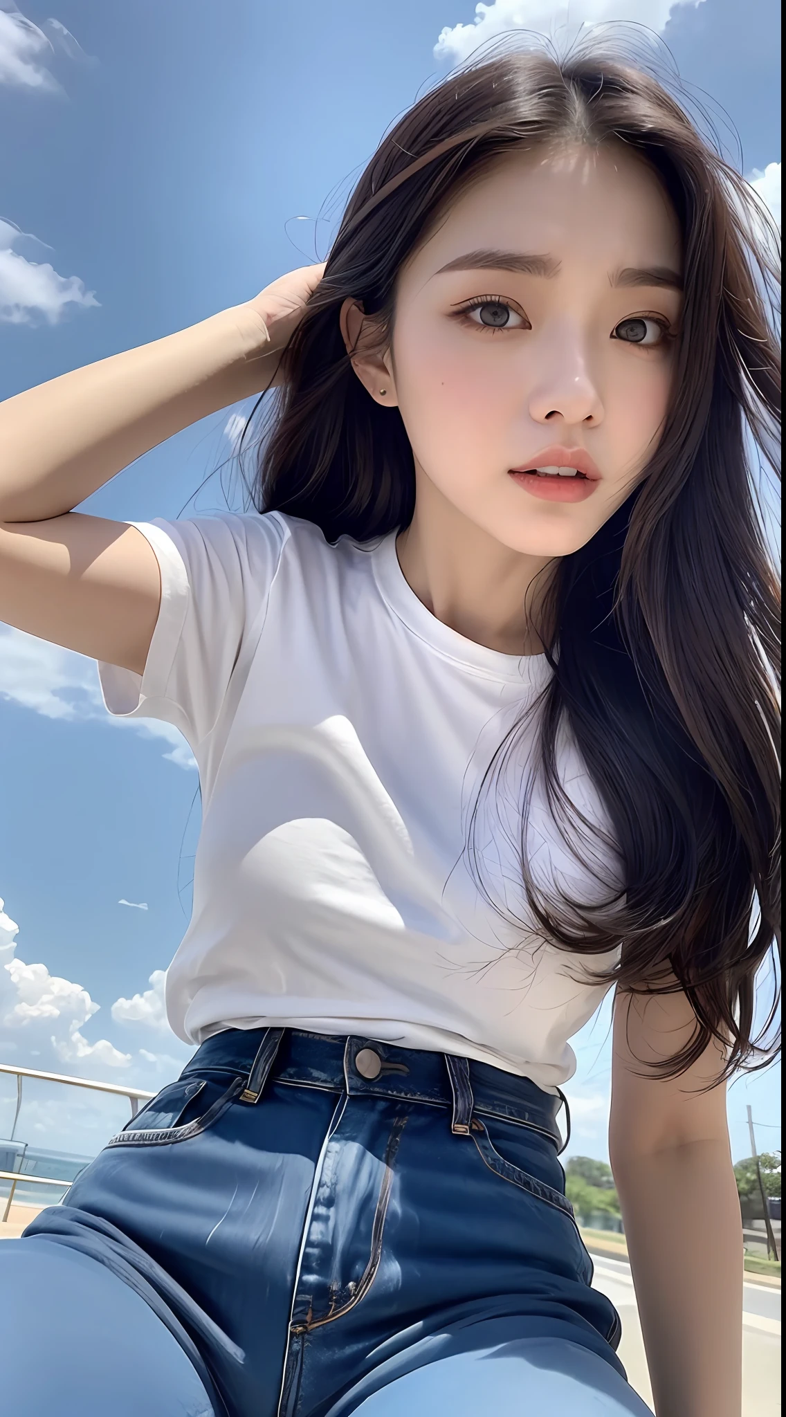 (A GIRL: 1.6), (lora:russianDoll:0.4), (lora:TaiwanDoll:0.4), (best quality, 8k, masterpiece: 1.3), highly detailed face and skin texture, detailed eyes, double eyelids, whitened skin, long hair split edges, (round face: 1.4), (blue sky: 1.5, white clouds: 1.5)), highway, sea, jeans, denim, (form behino) shooting angle, (cowboy shot), (from below), (from bottom) Look up