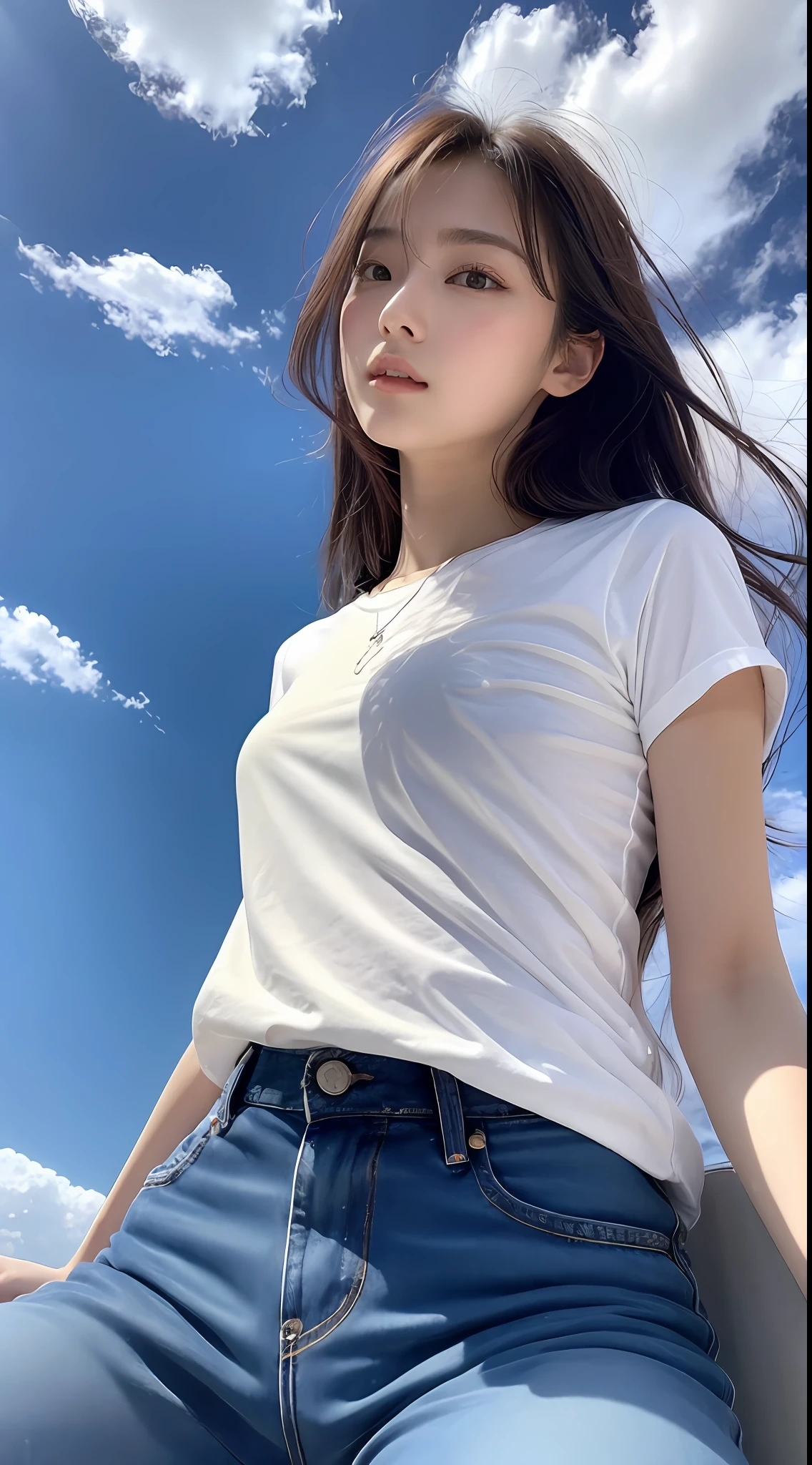(A GIRL: 1.6), (lora:russianDoll:0.4), (lora:TaiwanDoll:0.4), (best quality, 8k, masterpiece: 1.3), highly detailed face and skin texture, detailed eyes, double eyelids, whitened skin, long hair split edges, (round face: 1.4), (blue sky: 1.5, white clouds: 1.5)), highway, sea, jeans, denim, (form behino) shooting angle, (cowboy shot), (from below), (from bottom) Look up
