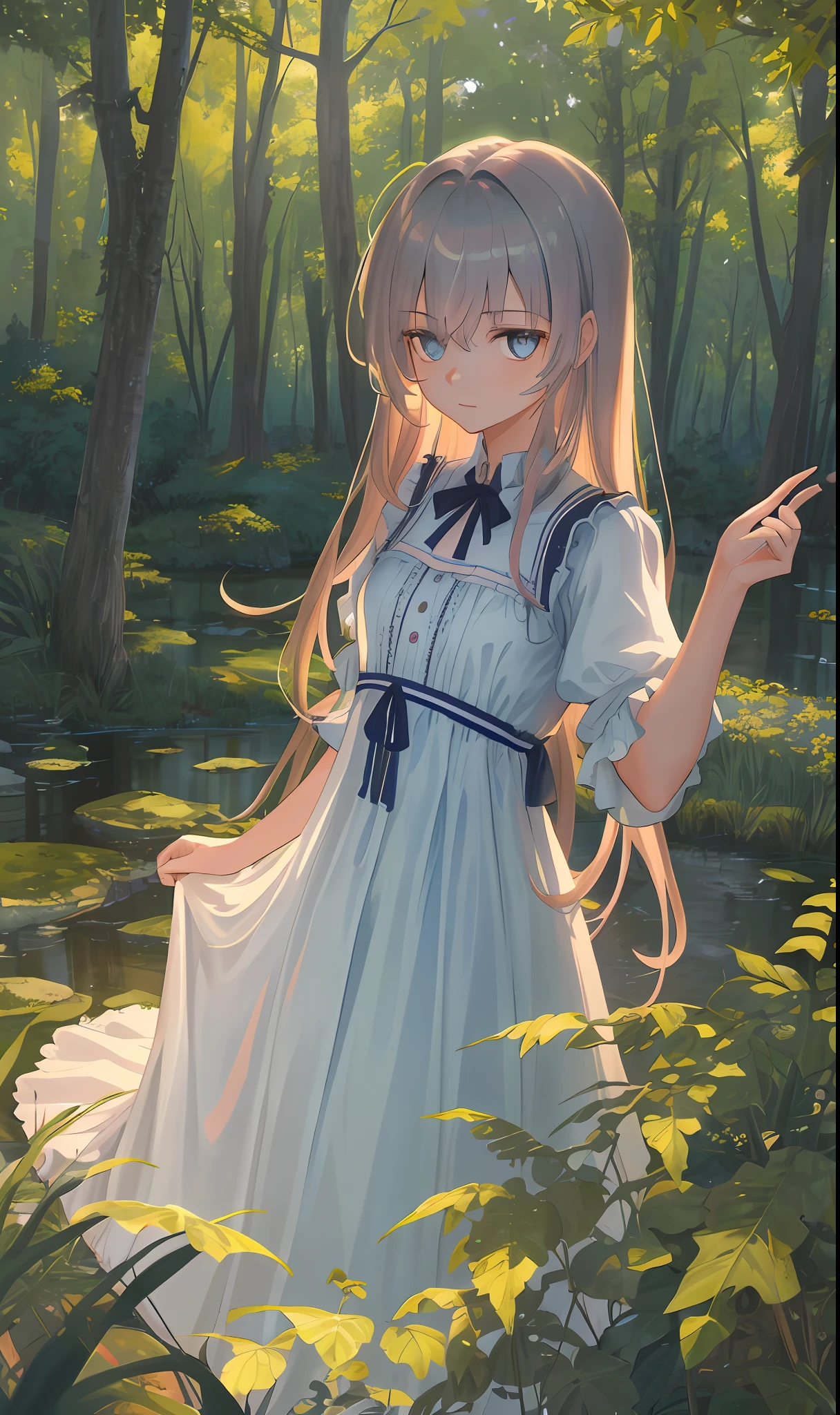 (masterpiece:1.3), official art, 8k, Henning Jakob Henrik Lund, 1girl, delicate, small breasts, very long hair, dress, (dress lift:1.0), bareleg detailed fantasy landscape, masterpiece, best quality, CG, wallpaper, high quality, HD, extremely detailed, global illumination, dusk light, scattering , (Transparency: 1.2)
