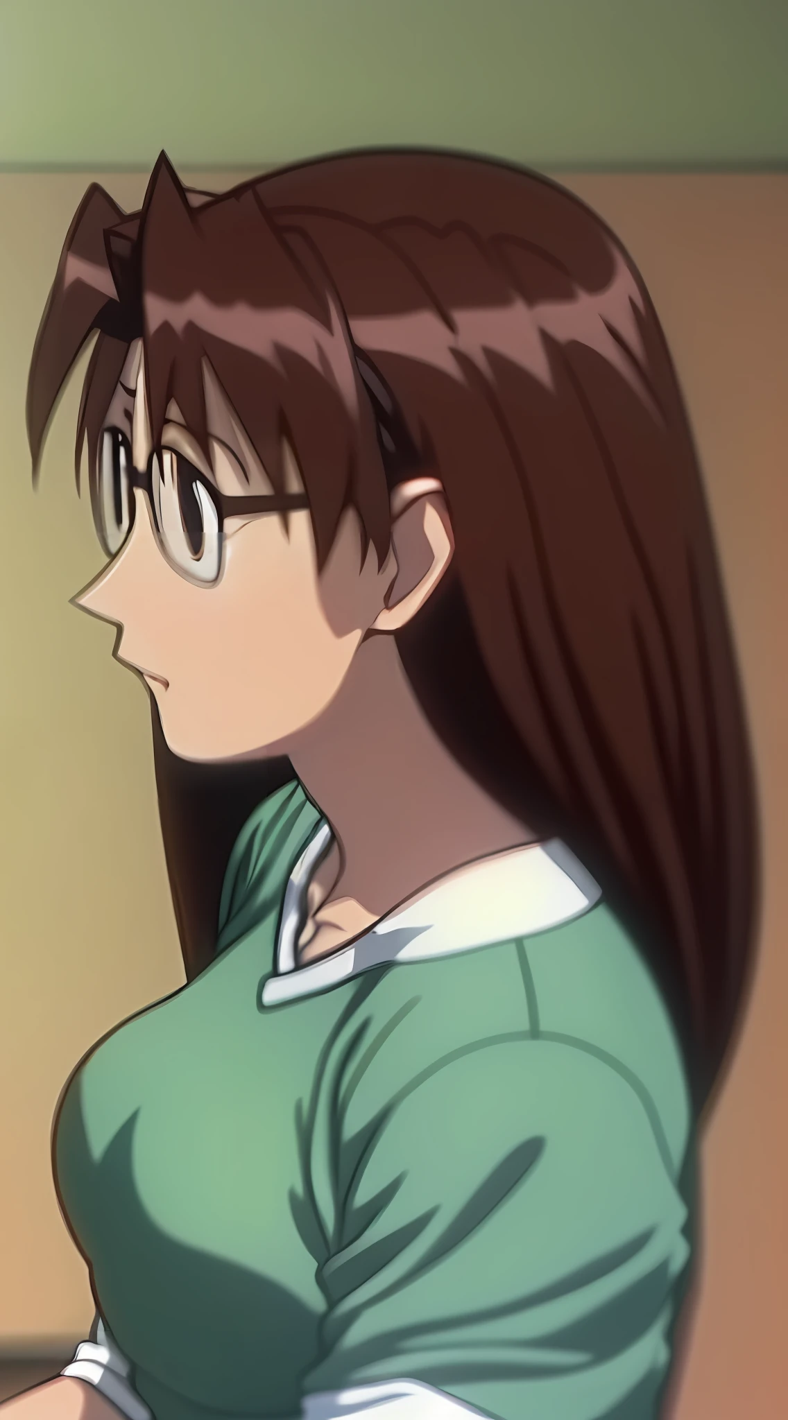 Koyomi Mizuhara, brunette hair, glasses, huge breasts, ass cheeks, white green shirt, bell bottom jeans, showing her ass, skinny figure
