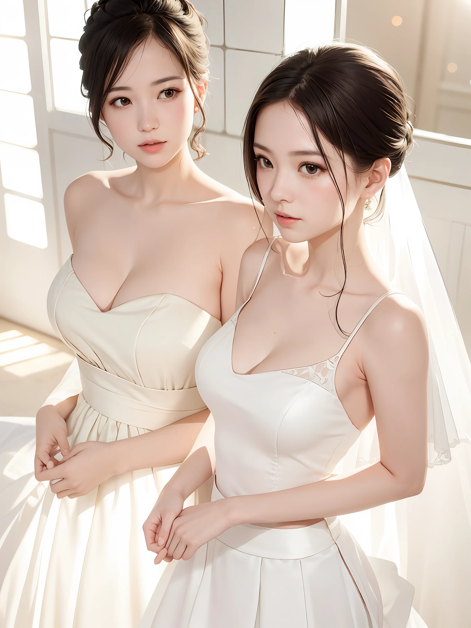 (sweat:0.7),Light yellow wedding dress,white short skirt,woman,japanese,exquisite face, beautiful face,bare shoulders,shoulders slightly exposed,translucent skin,black eyes,black hair,(photorealistic:1.4),realistic details, high resolution,bokeh,outstanding details