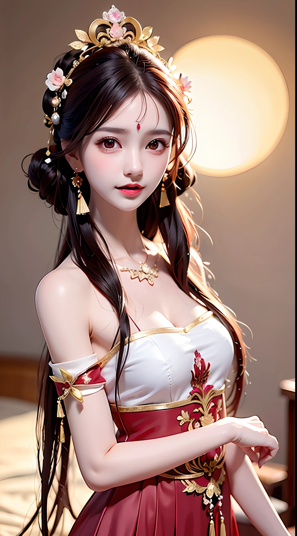 ung empress wearing red lace top, deep-breasted nightgown, Chinese-style clothes, ancient costumes with many phoenix patterns, flawless white and pink face, crown on her head, black hair hip length, very beautiful and sharp brown eyes, small red lips, painted lips, charming smile, jewelry worn around the neck, earrings, white and even teeth, high nose, big round breasts, elongated legs, thin mesh black socks, portrait, most realistic, highest quality, best pixels, 8k ultra,