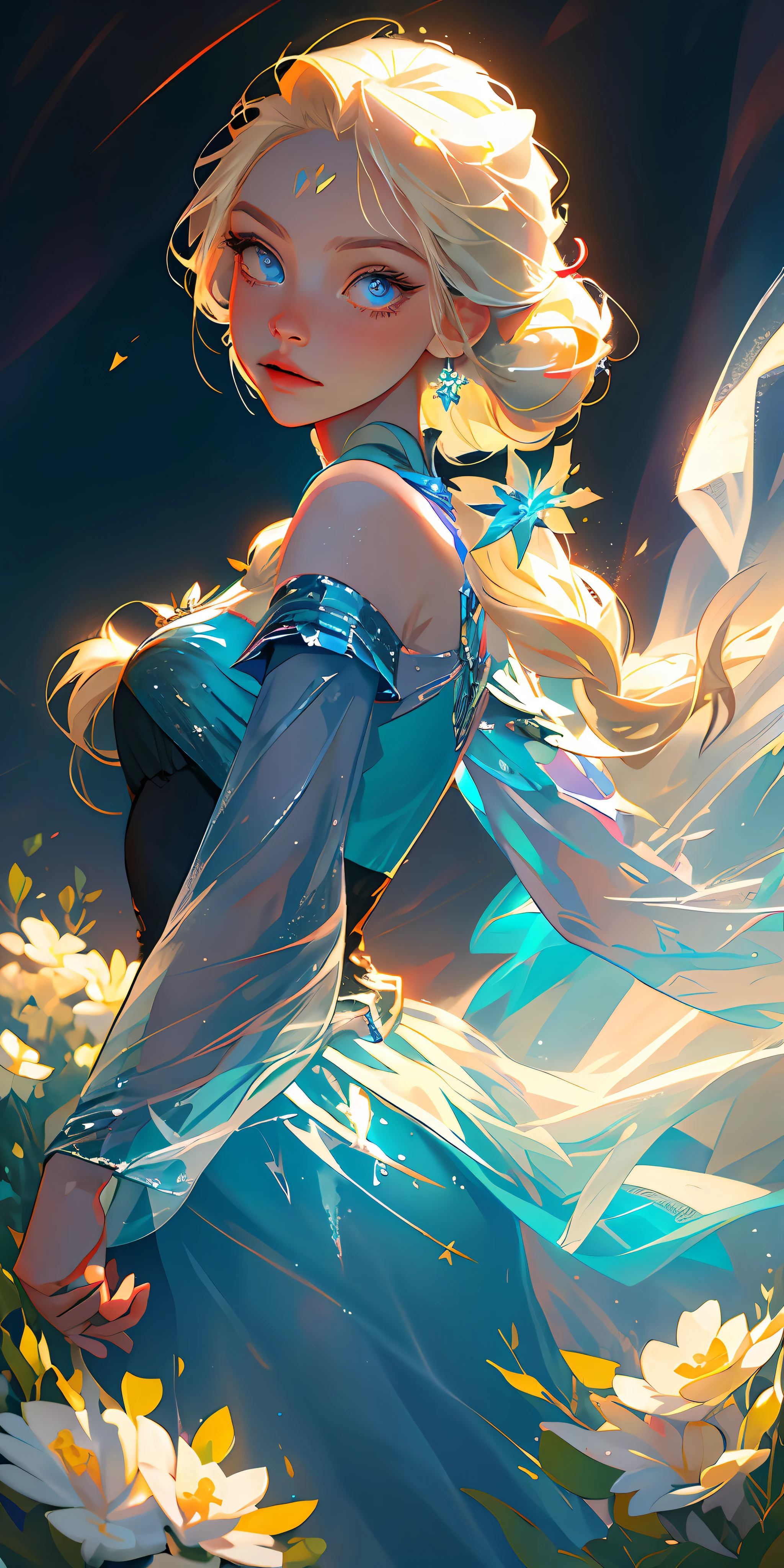 (best quality, masterpiece), 1girl, pose, particle, wind, flower, upper body, simple background, looking at viewer, Elsa from Frozen, blonde, galaxy, perfect eyes