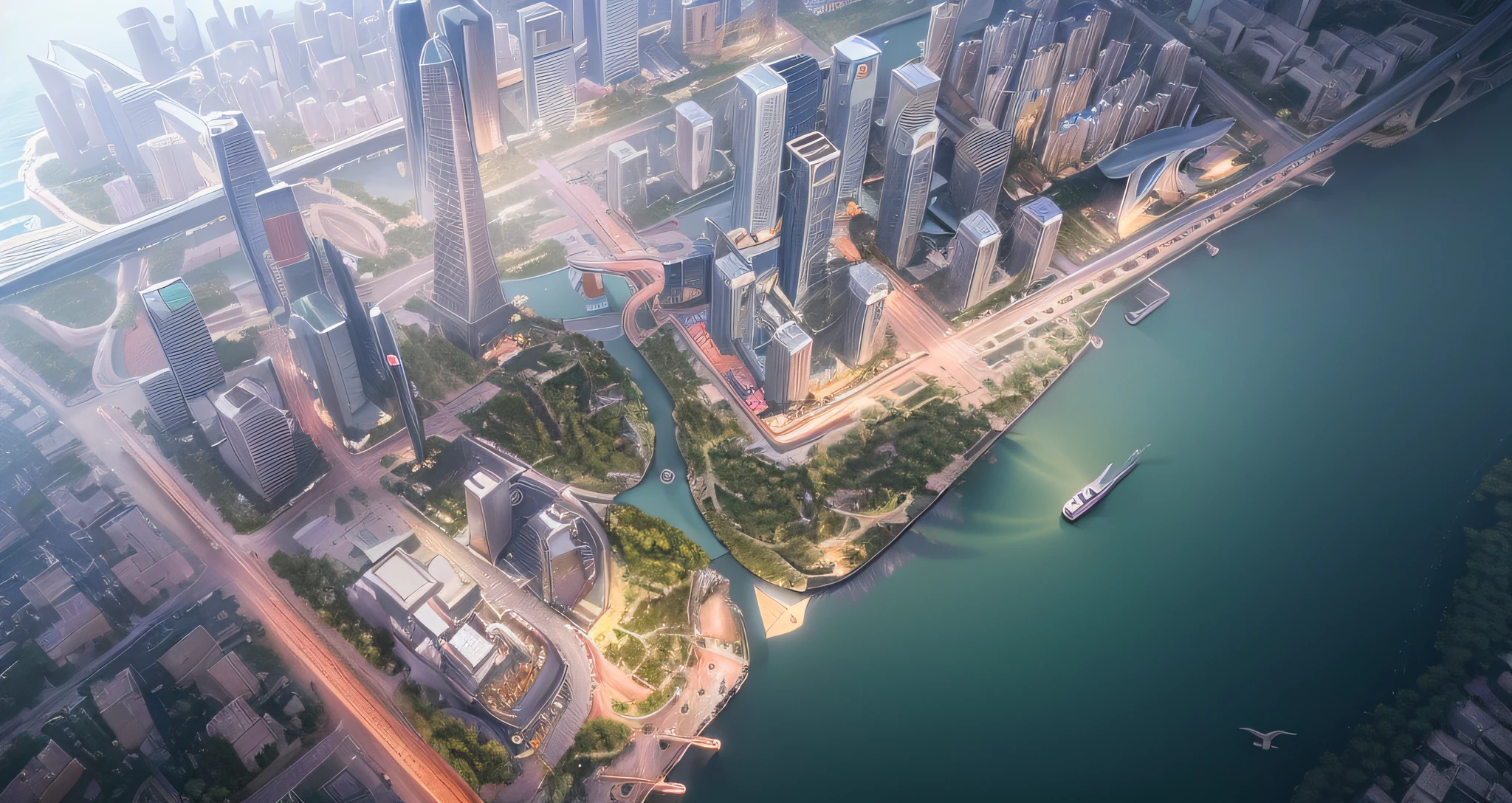 arafly city skyline view, a river in foreground, Guangzhou city, Guangzhou, China, skyline display, skyline, from China, trend, 3D model HD rendering, architectural rendering, Unreal Engine rendering, surrealism, skyscrapers, soothing tones, chinese dreamland, octane rendering, spectacular clouds, fantasy clouds. Part looking to the left, Huancheng, Guangzhou Financial City. Chinese architecture,. The bustling tech building is beyond imagination. Inspired by Shinkai's sought-after concept art and masterpieces on PixiV, vision (wide-angle lens), ultra-high resolution (authenticity: 1.4), ultra-high quality, enhanced detail. Extremely detailed CG Unity 8k wallpapers, aesthetics, award-winning photography, realism, high detail, intricacies, art of travel, realistic 3D animation style, landscape concept art, ultra-high resolution (realism: 1.4), aesthetics, focus, high quality, vivid colors, beautiful reflections, crystal clear water, award-winning photography, 3D lighting and beautiful cinematic lighting. Rich in detail, aerial view, top view, bird's nest shaped elliptical building