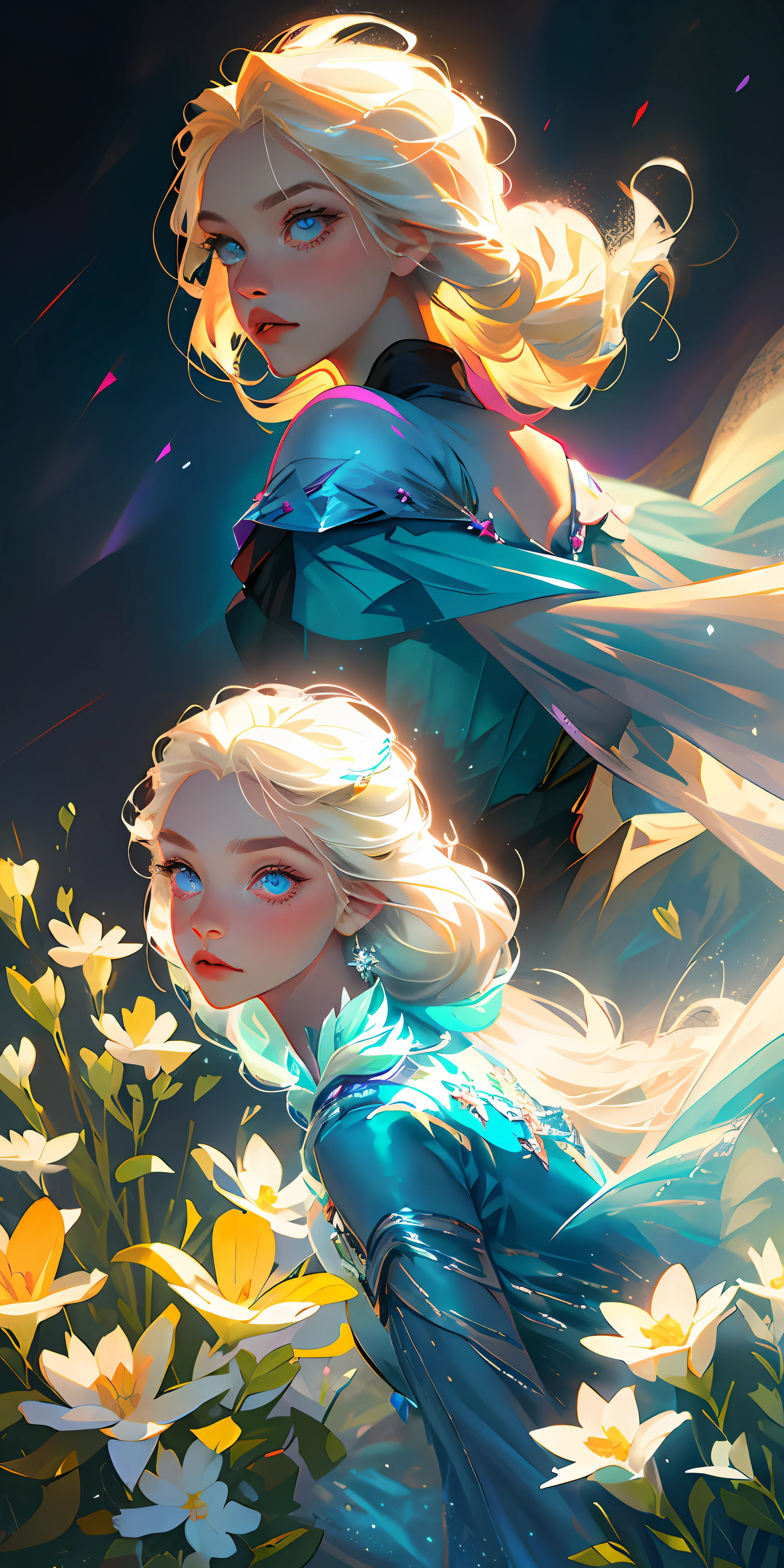 (best quality, masterpiece), 1girl, pose, particle, wind, flower, upper body, simple background, looking at viewer, Elsa from Frozen, blonde, galaxy, perfect eyes