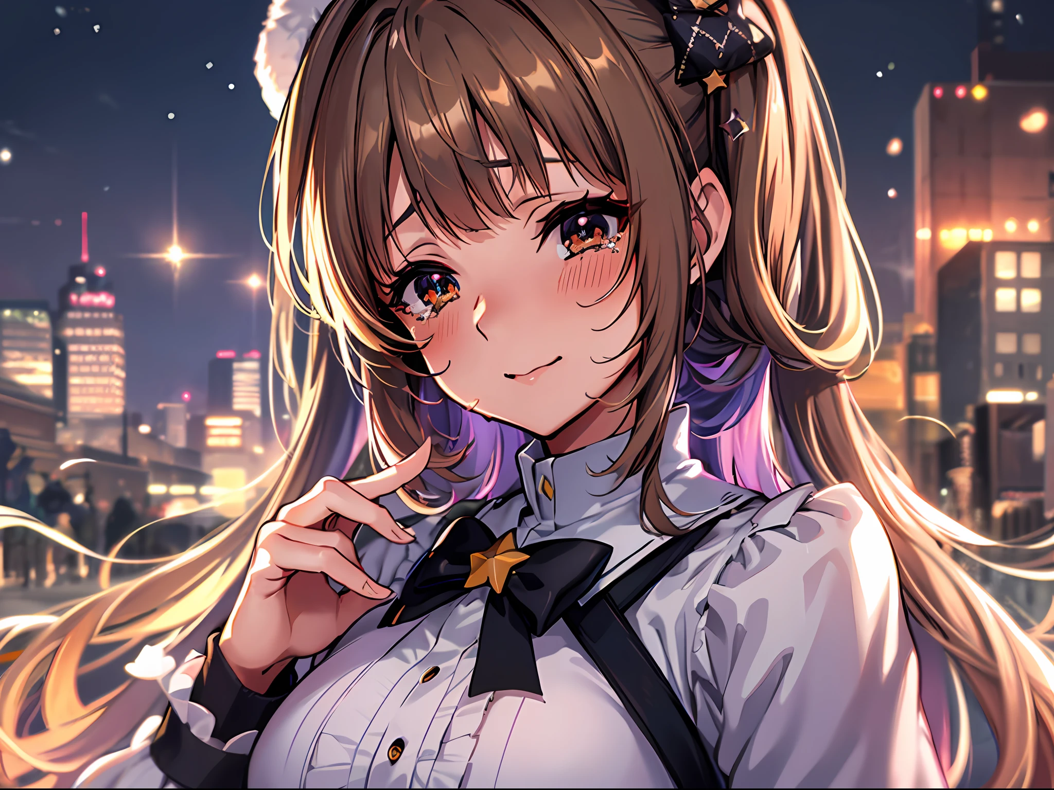 Starry eyes, it looks even more beautiful than immortal, Ahoge, hair, star-shaped pupils, amber eyes, colored contact lenses, blush, high detail, anime, romanticism, modern, gothic art, anime style, film lighting, ray tracing, motion rye, close-up, sony fe gm, uhd, high detail, top quality, 8k, big breasts, light brown hair, Hat, twin tails, beautiful fingers, well-formed fingers, long jacket, ribbon, mystery, knitted hat, snow, tears, happy, smile, shy face