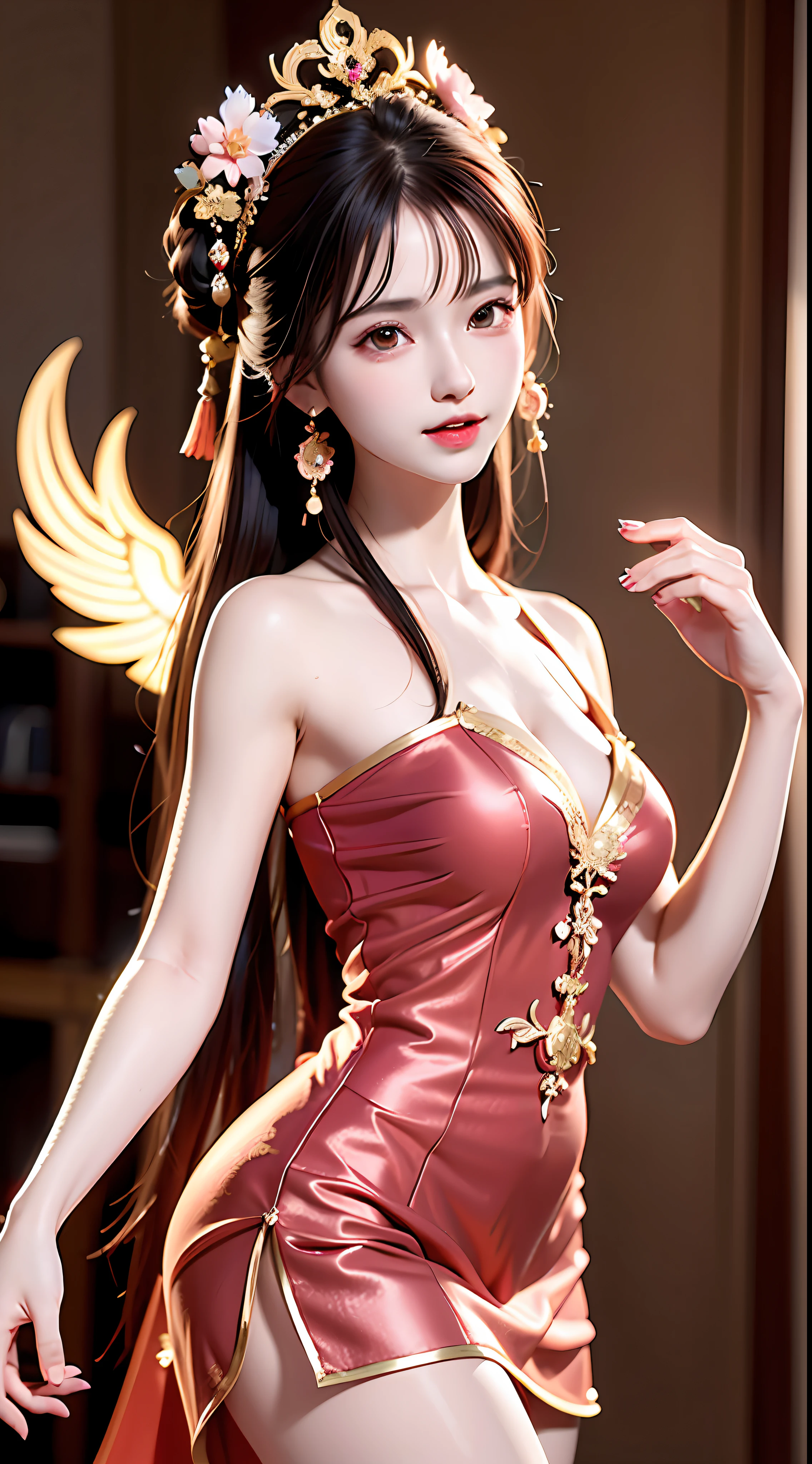 ung empress wearing red lace top, deep-breasted nightgown, Chinese-style clothes, ancient costumes with many phoenix patterns, flawless white and pink face, crown on her head, black hair hip length, very beautiful and sharp brown eyes, small red lips, painted lips, charming smile, jewelry worn around the neck, earrings, white and even teeth, high nose, big round breasts, elongated legs, thin mesh black socks, portrait, most realistic, highest quality, best pixels, 8k ultra,