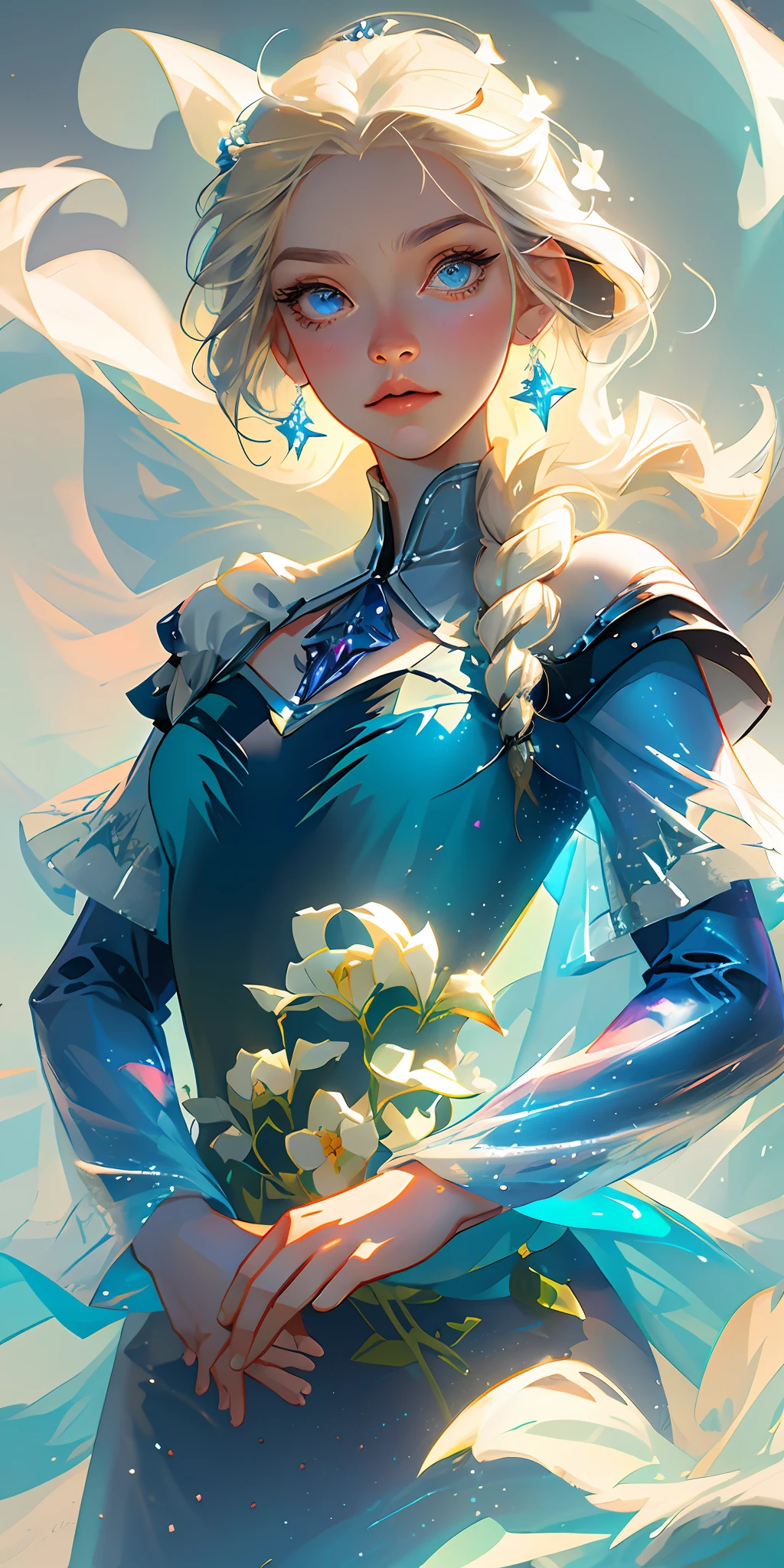 (best quality, masterpiece), 1girl, pose, particle, wind, flower, upper body, simple background, looking at viewer, Elsa from Frozen, blonde, galaxy, perfect eyes
