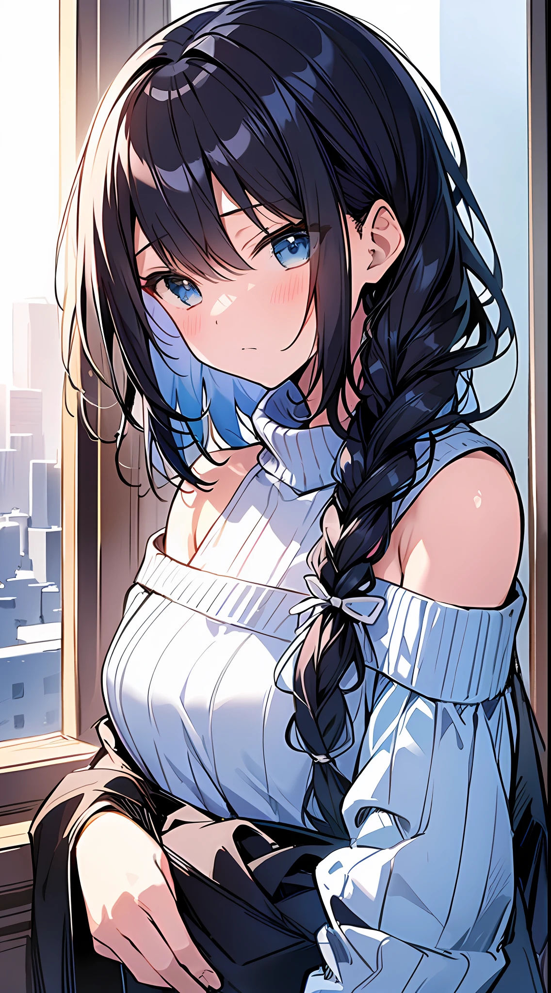 Top Quality, Masterpiece, Ultra High Resolution, 8K, Light Blue Sweater, Anime Style Little Loli, Single, Ultra Detailed Line Art, Digital Enhancement, Anime Core, Flowing Fabric, Close Up, Hair Length to Shoulder and Short Braid, Staring Straight At You, Soft Drawing, Beautiful Black Hair, Looks Really Weak, Crisp Eyes