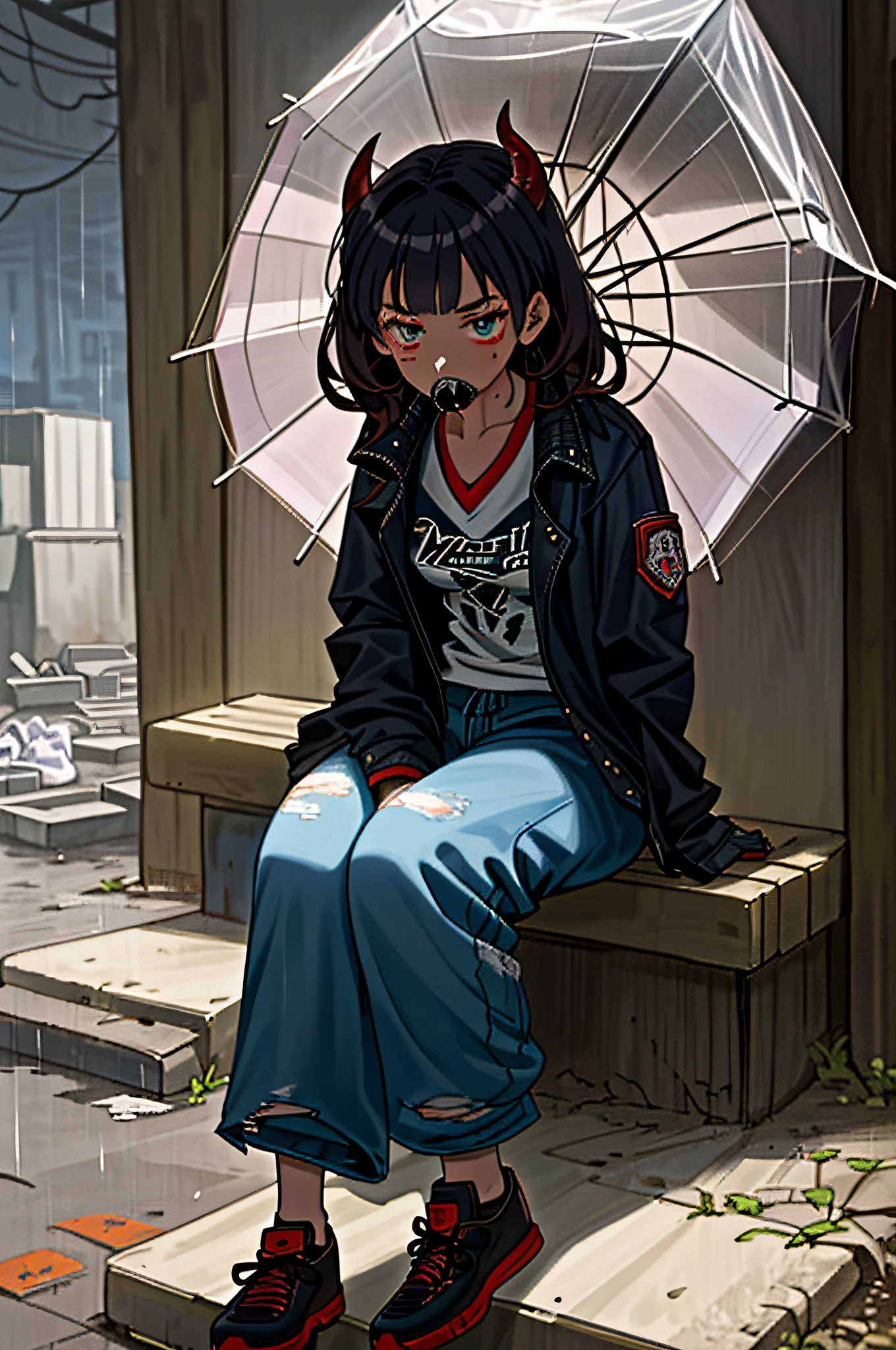 ((She has a very detailed and beautiful cute devil face)), 1 girl, two heads, (homeless), ((Raining)), ((Full)), ((asthma)), sitting, medium hair, flipped hair, (torn jacket), (torn shirt), (torn sweatpants), (torn shoes), slum dormitory, (very precise detailed)