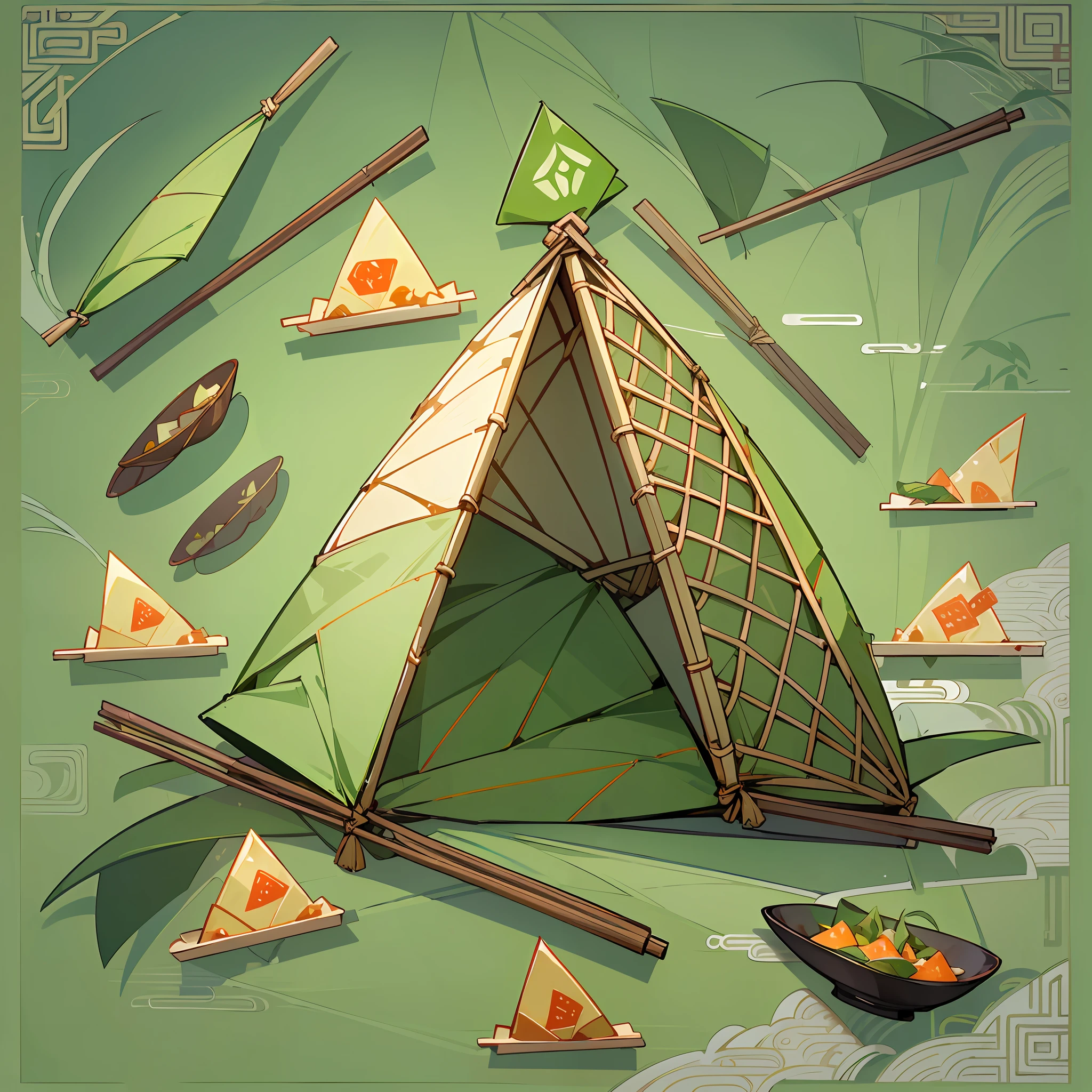 (Chinese triangles food poster), ((triangles food)), (Wrapped glutinous rice with green leaves triangular Zongzi),Food steamer made of bamboo,Express the relationship between objects,Triangular composition,Bright green hue