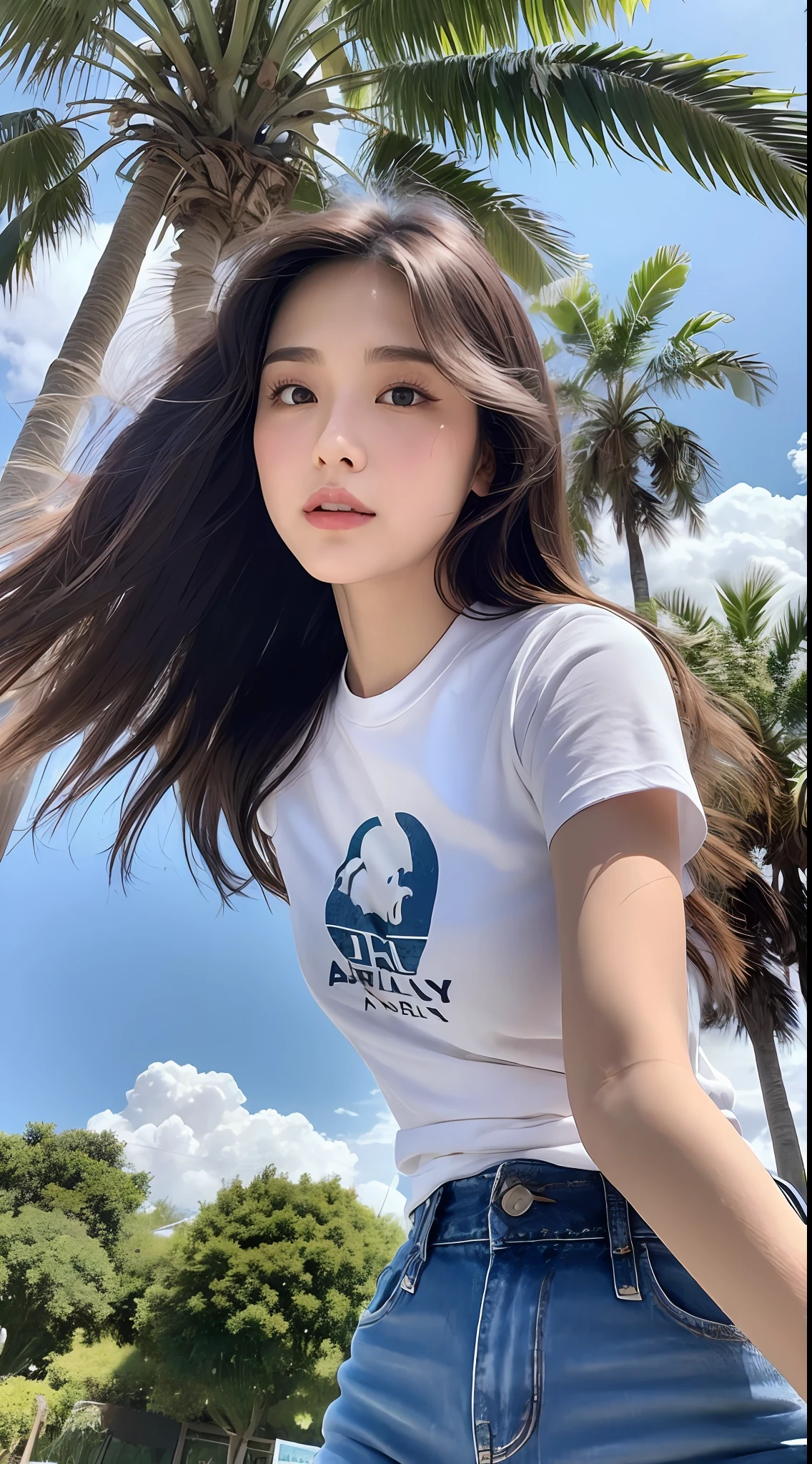 (A GIRL:1.6),(lora:russianDoll:0.4),(lora:TaiwanDoll:0.4), (best quality, 8k, masterpiece: 1.3), highly detailed face and skin texture, detailed eyes, double eyelids, whitened skin, long hair split edges, (round face: 1.4), ((blue sky: 1.5, white cloud: 1.5)), highway, (seaside: 1.5, sea: 1.5), coconut trees, jeans, denim, tight T-shirts, (form behino) shooting angle, (cowboy shot), (from below), (from bottom) looking up