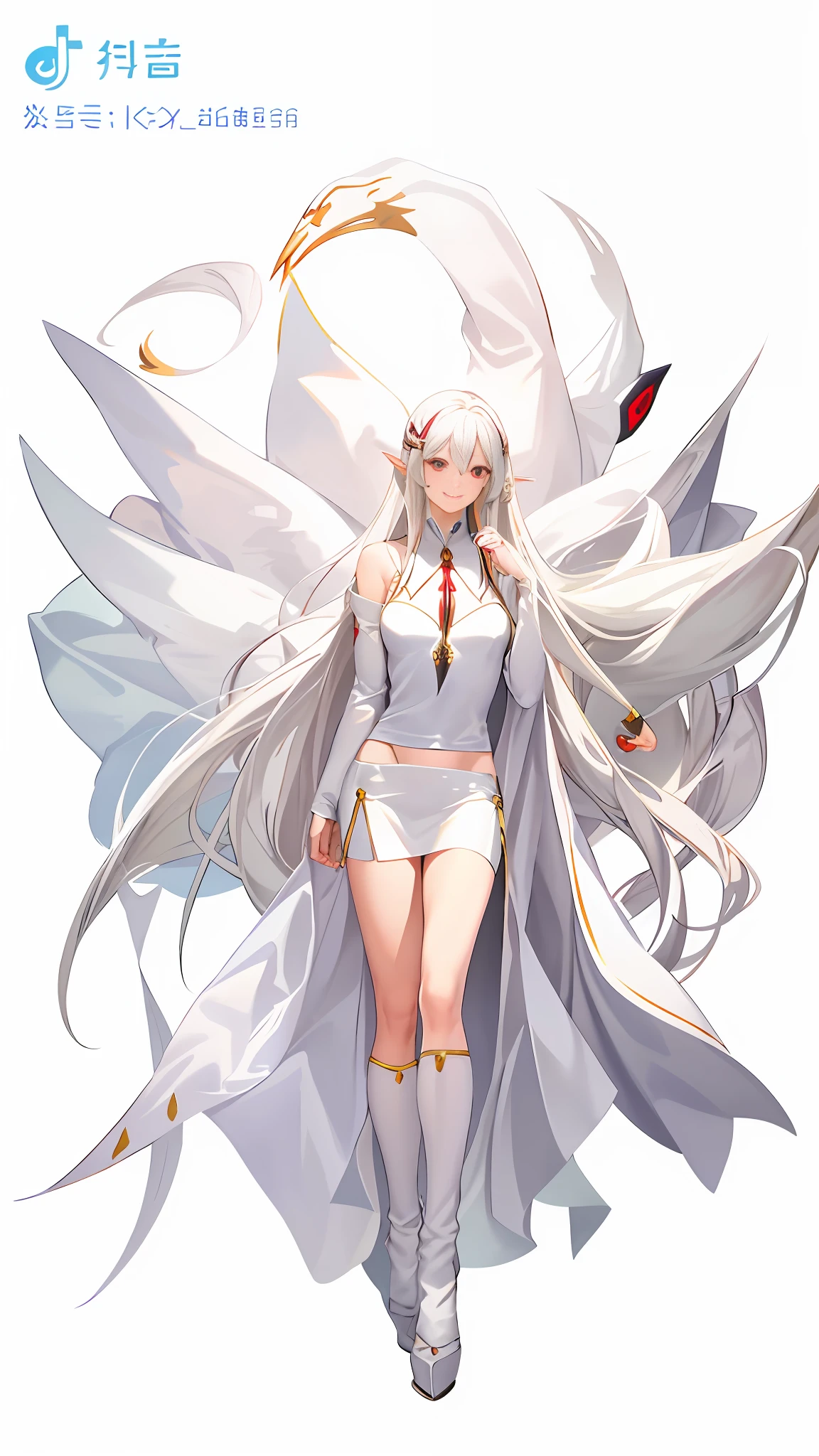 (Fidelity: 1.4), magical, masterpiece, ((female, big)), slim, muscular, sharp ears, light gray skin, long curly white hair, red eyes, smile, be careful, do not disturb, Recite the Pipa