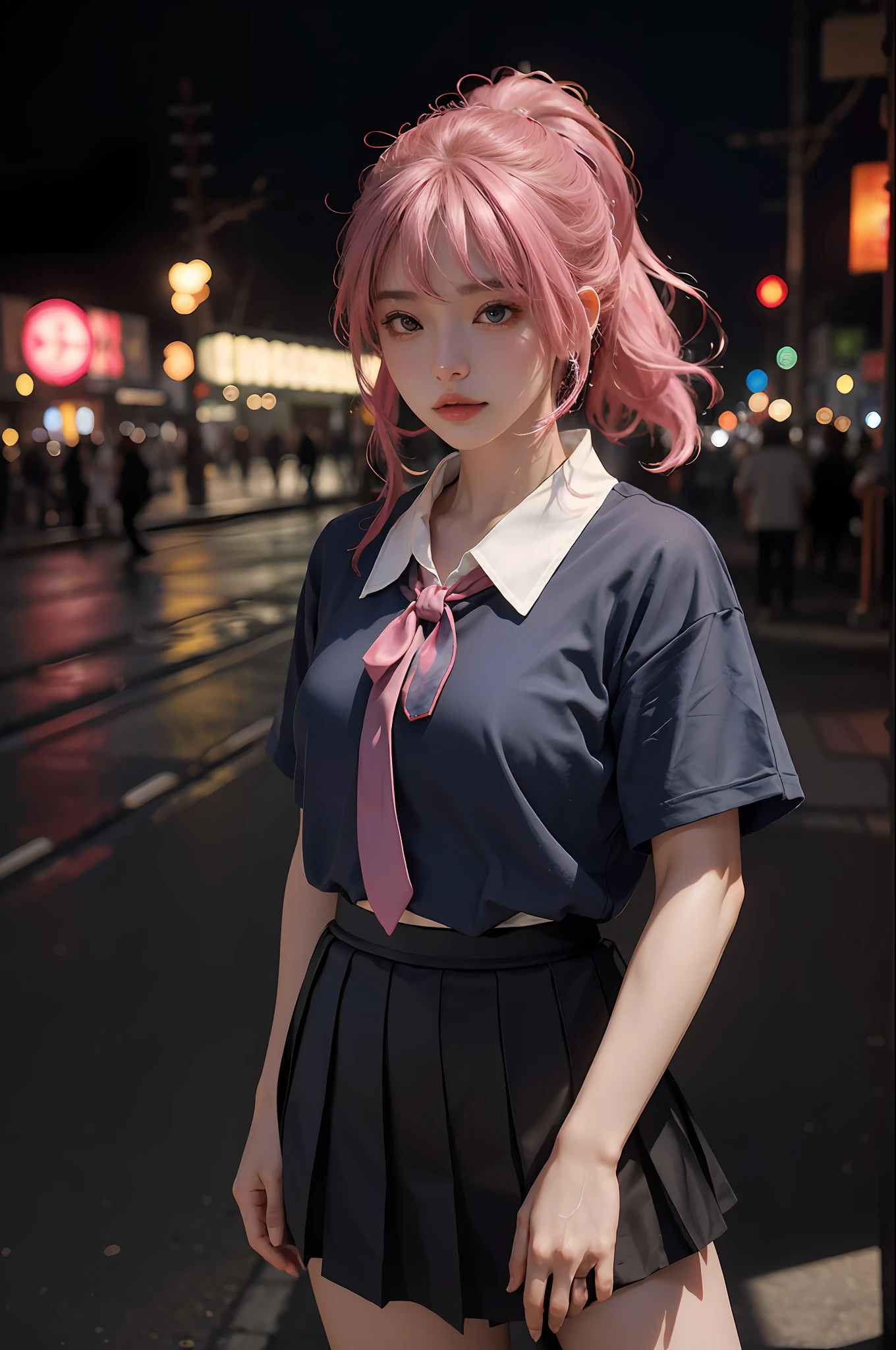 （RAW照片，4k，杰作，高分辨率，极其复杂）（逼真：1.4），电影照明
1女孩， 单人聚焦， 夏日中午， 热， 1990年代\（风格\），(8k, RAW photo, best quality, masterpiece:1.3),(realistic,photo-realistic:1.37),(night),(looking at viewer:1.331),(pink hair),posing,shanghai street,nightcityscape, cyberpunk city,soft light,1girl,extremely beautiful face,bust,Random hairstyle,Random expression,big eyes,bow,lower abdomen,(short-sleeved .JK_shirt),JK_style,(dark blue JK_skirt) ,(bow JK_tie),mix4..
