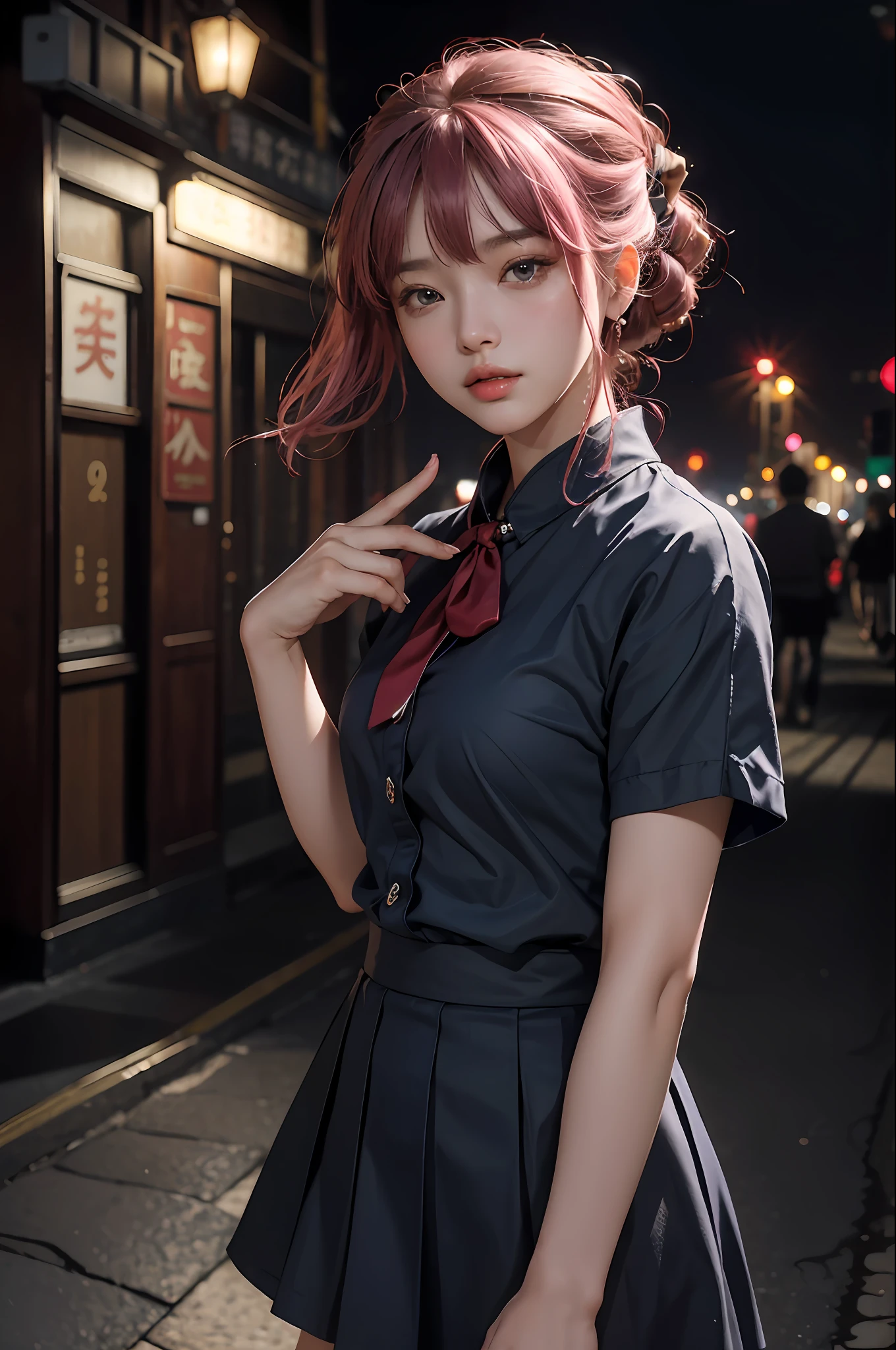 （RAW照片，4k，杰作，高分辨率，极其复杂）（逼真：1.4），电影照明
1女孩， 单人聚焦， 夏日中午， 热， 1990年代\（风格\），(8k, RAW photo, best quality, masterpiece:1.3),(realistic,photo-realistic:1.37),(night),(looking at viewer:1.331),(pink hair),posing,shanghai street,nightcityscape, cyberpunk city,soft light,1girl,extremely beautiful face,bust,Random hairstyle,Random expression,big eyes,bow,lower abdomen,(short-sleeved .JK_shirt),JK_style,(dark blue JK_skirt) ,(bow JK_tie),mix4..