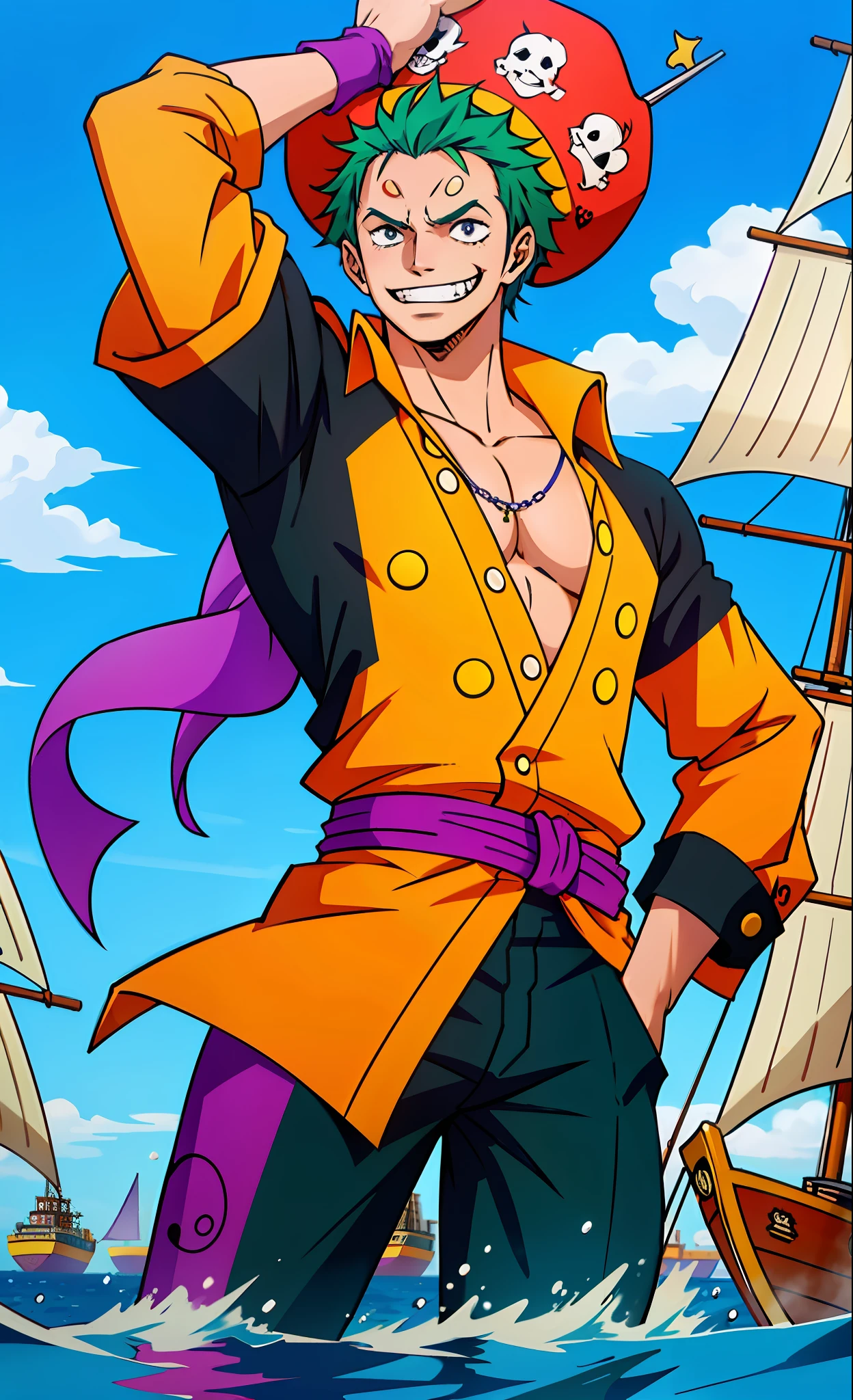 Generate an image of a male character who is half clown, half pirate and half butler. The character must have ((a clown rubber nose)), a pirate's eye patch and a butler uniform ((dark green hair)) ((combination of colors of their clothes that are various shades of green and purple)). The character must be holding a pirate hat in one hand and a plate of cake in the other. The background of the picture must be a pirate ship on the high seas. The style of the image should be detailed and symmetrical, colored by studio Ghbli,drawing style of((background set on a boat)) ((one piece drawing style)).