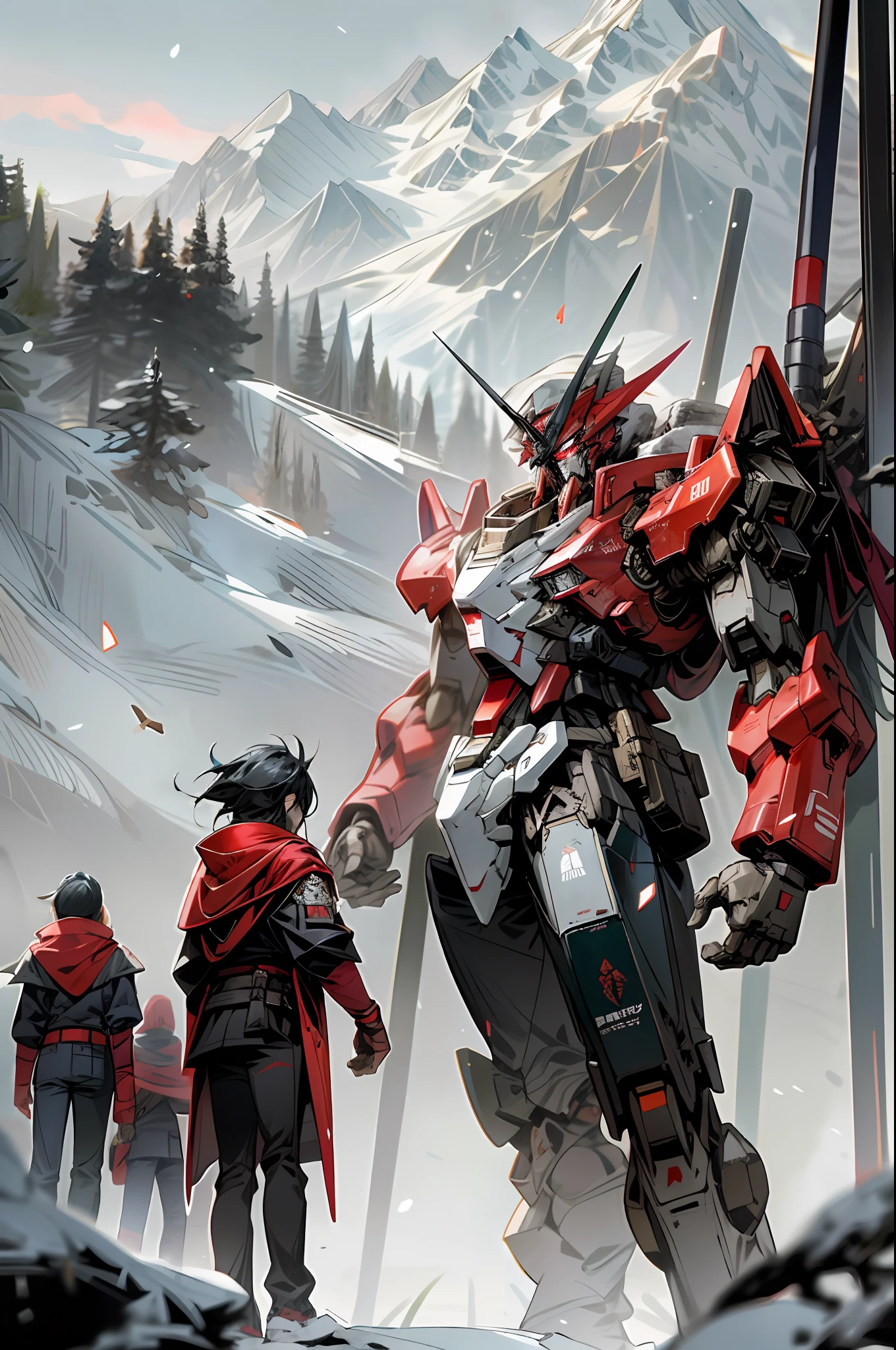 The 50-meter-tall red heretical Gundam mech warrior in red and black livery stood in the primeval forest, with snow-capped mountains in the distance, and a group of young people looking at the red heresy at his feet