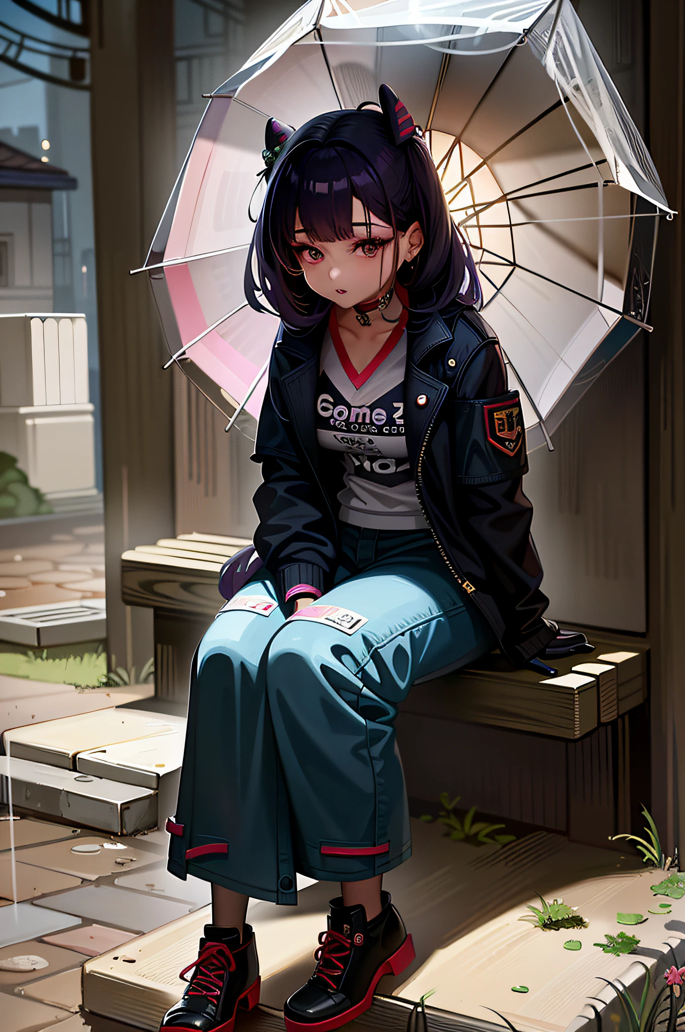 anime girl sitting on steps with umbrella in hand, urban girl fanart, in an anime style, in anime style, artwork in the style of guweiz, anime moe artstyle, modern anime style, anime style illustration, anime style only, anime artstyle, anime style, anime style character, anime style. 8k, anime style art, anime style 4 k