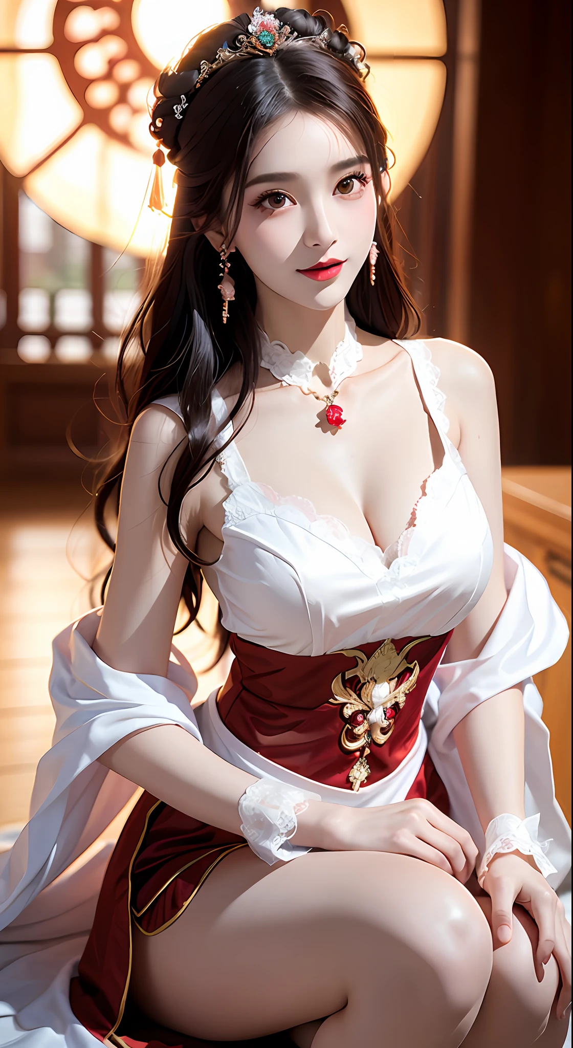 ung empress wearing red lace top, deep-breasted nightgown, Chinese-style clothes, ancient costumes with many phoenix patterns, flawless white and pink face, crown on her head, black hair hip length, very beautiful and sharp brown eyes, small red lips, painted lips, charming smile, jewelry worn around the neck, earrings, white and even teeth, high nose, big round breasts, elongated legs, thin mesh black socks, portrait, most realistic, highest quality, best pixels, 8k ultra,
