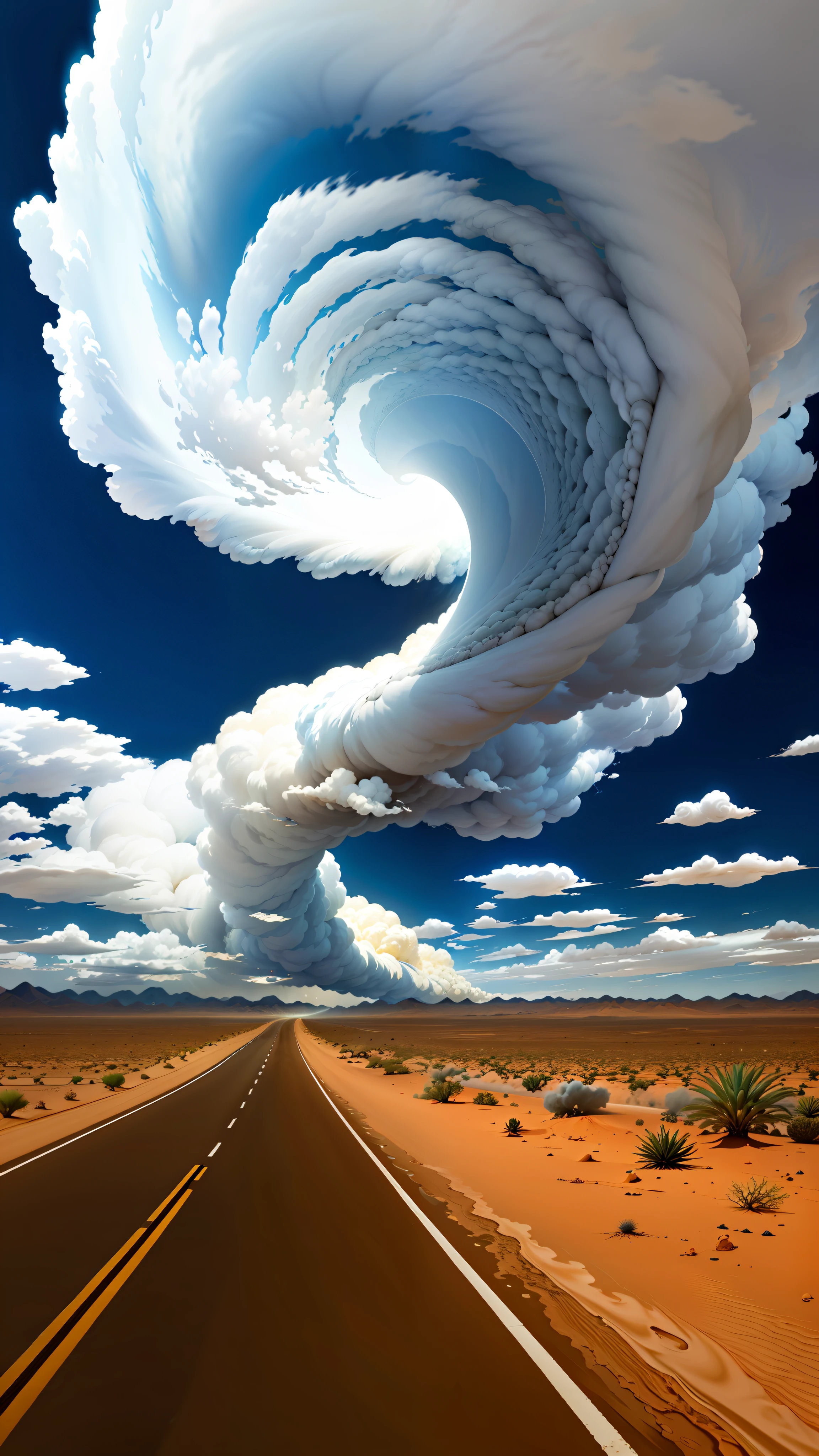 arafed cloud over a desert road with a yellow line, cloud vortex, thick swirling tornado, clouds swirling, spiral clouds, dramatic swirling clouds, swirling clouds, an image of a tornado, surreal clouds, a massive tornado approaching, beautiful tornado, stylised storm, tornado twister, as a tornado approaches, swirley clouds, giant clouds