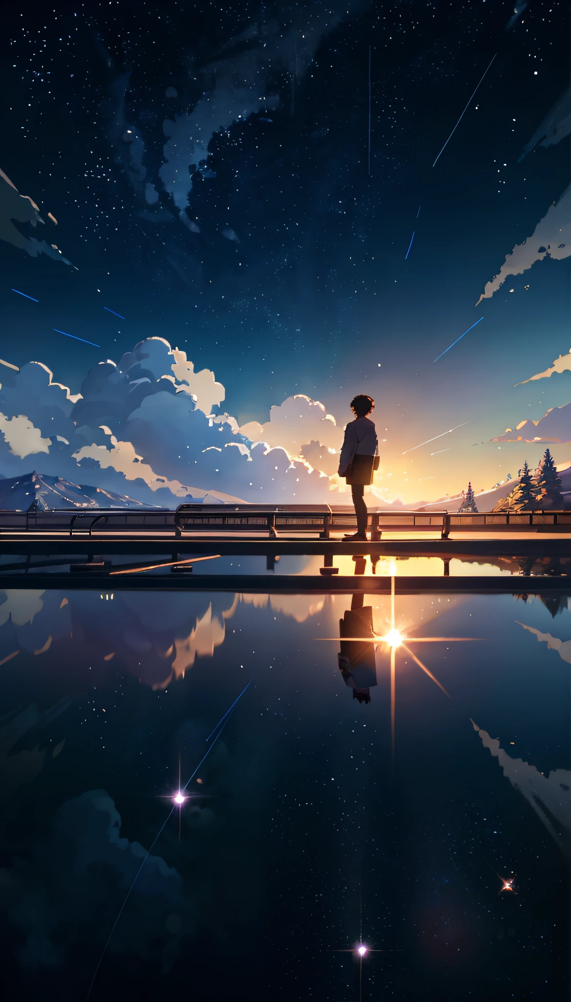 Masterpiece, anime train passing through bodies of water on tracks, bright starry sky. Romantic train, Makoto Shinkai's picture, pixiv, concept art, lofi art style, reflection. by Makoto Shinkai, lofi art, Beautiful anime scene, Anime landscape, detailed scenery —width 672, in style of Makoto shinkai, style of Makoto shinkai, enhanced details.