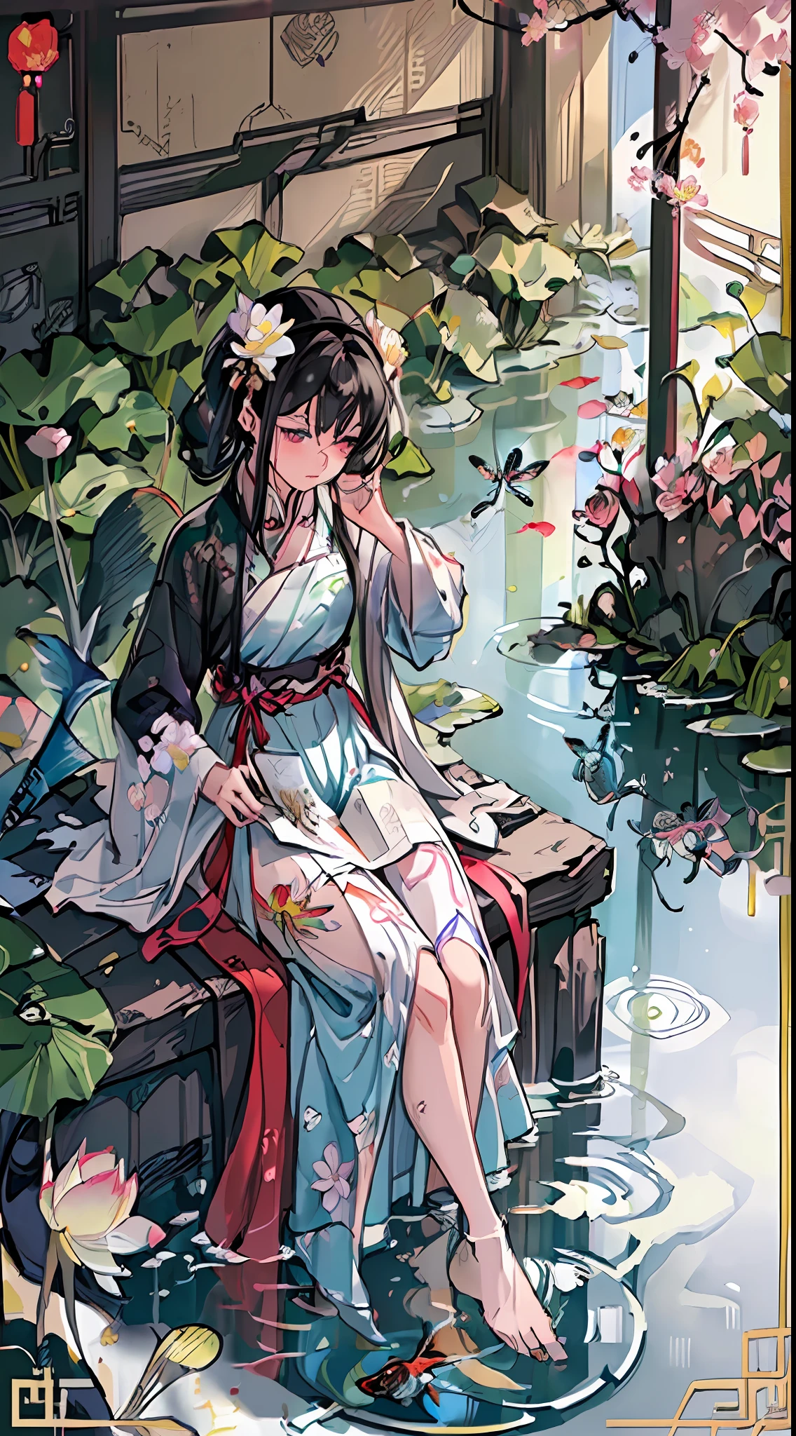 (Art: Yaguru Magiku, (001Glitch-core, Dreamcore), 8sconception, Alberto-Mielgo, anime-background-style-v2, Super Quality, Vaporwave, Synth Wave, Weirdcore, dreamy, full body, (Core background: 1.25), Water ring, Visual effects: Cinematic lighting, [[red, blue, green, yellow, black, white, pink, purple, denim shot, ((color)), ink painting, delicate and beautiful girl, ((illustration)), ((floating hair)), ((chromatic aberration)]] (sitting in pool with lotus: 1.1), (barefoot: 1.0), (Chinese garden: 1.0), wet (((paper cutting art)), Chinese, red and white, paper cutting, calligraphy, man and wife, (flowers, insects and fish),