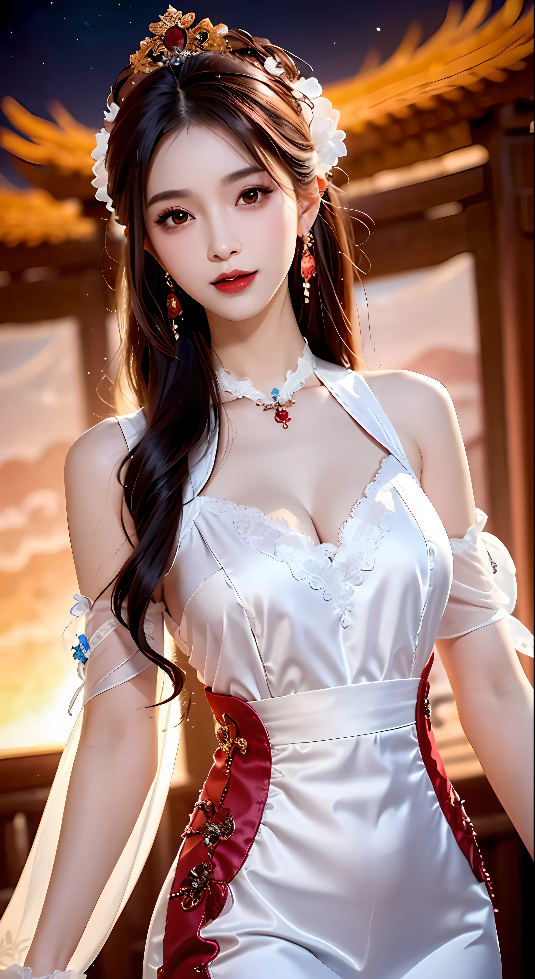 1 young empress wearing red lace top, deep-breasted nightgown, Chinese-style clothes, ancient costumes with many phoenix patterns, flawless white and pink face, crown on her head, black hair hip length, very beautiful and sharp brown eyes, small red lips, painted lips, charming smile, jewelry worn around the neck, earrings, white and even teeth, high nose, big round breasts, elongated legs, thin mesh black socks, portrait, most realistic, highest quality, best pixels, 8k ultra,