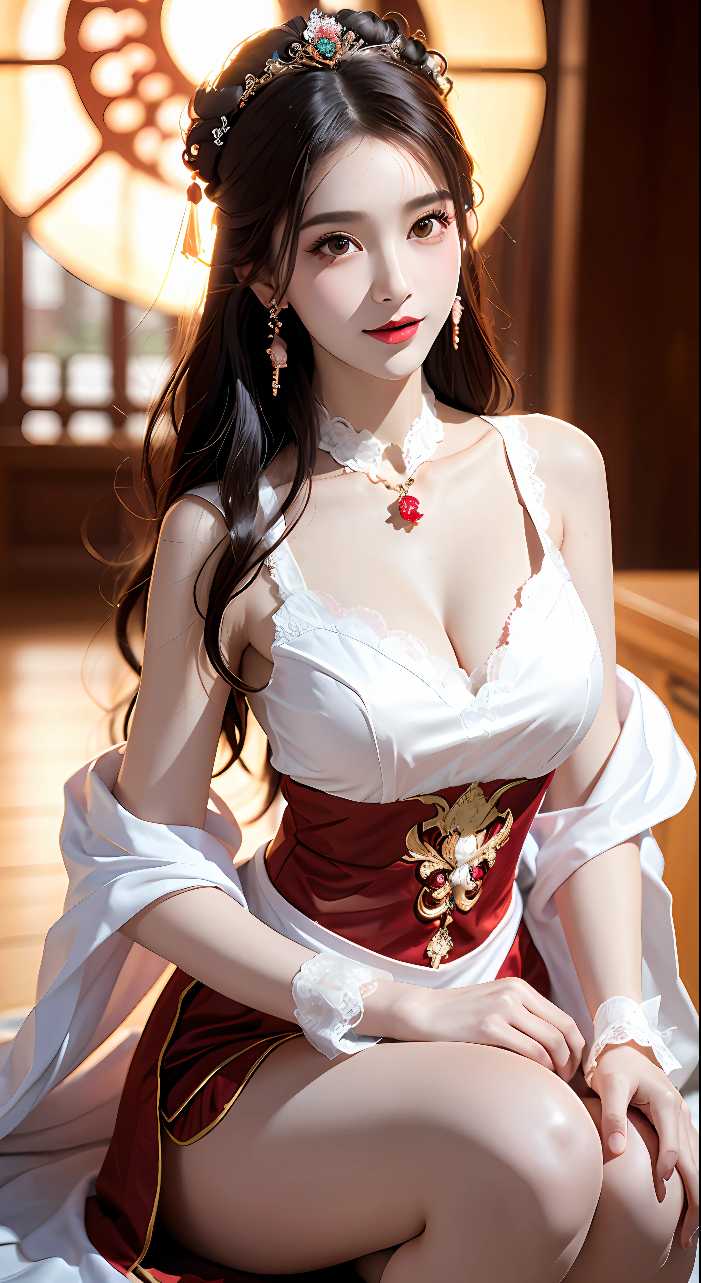 1 young empress wearing red lace top, deep-breasted nightgown, Chinese-style clothes, ancient costumes with many phoenix patterns, flawless white and pink face, crown on her head, black hair hip length, very beautiful and sharp brown eyes, small red lips, painted lips, charming smile, jewelry worn around the neck, earrings, white and even teeth, high nose, big round breasts, elongated legs, thin mesh black socks, portrait, most realistic, highest quality, best pixels, 8k ultra,