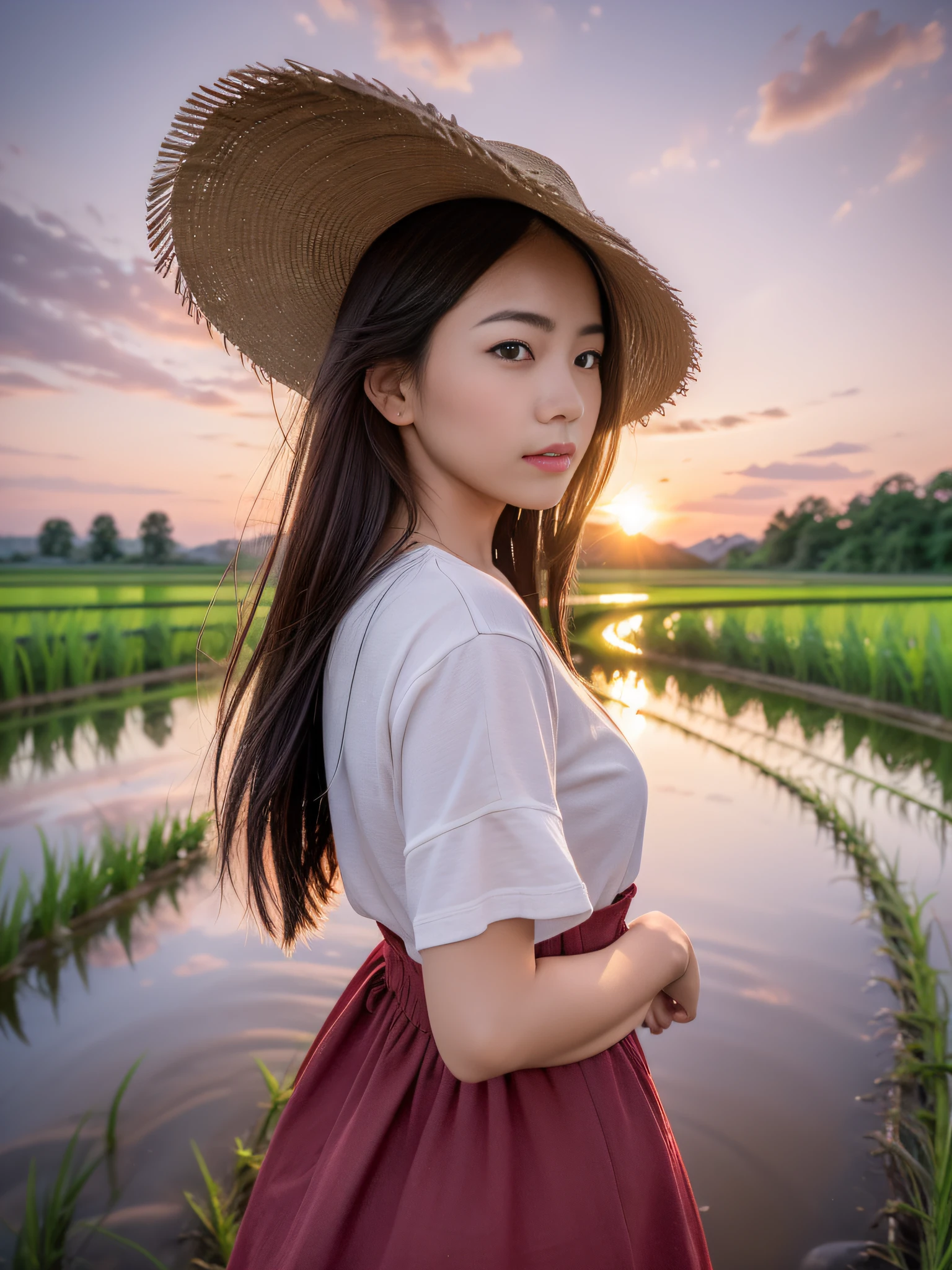 One evening after rain, red sunset and sunset, in a meandering rice field, there is a beautiful girl, dressed in plain clothing, there is a reflection of the sunset in the rice field, and a basket straddling her arm,