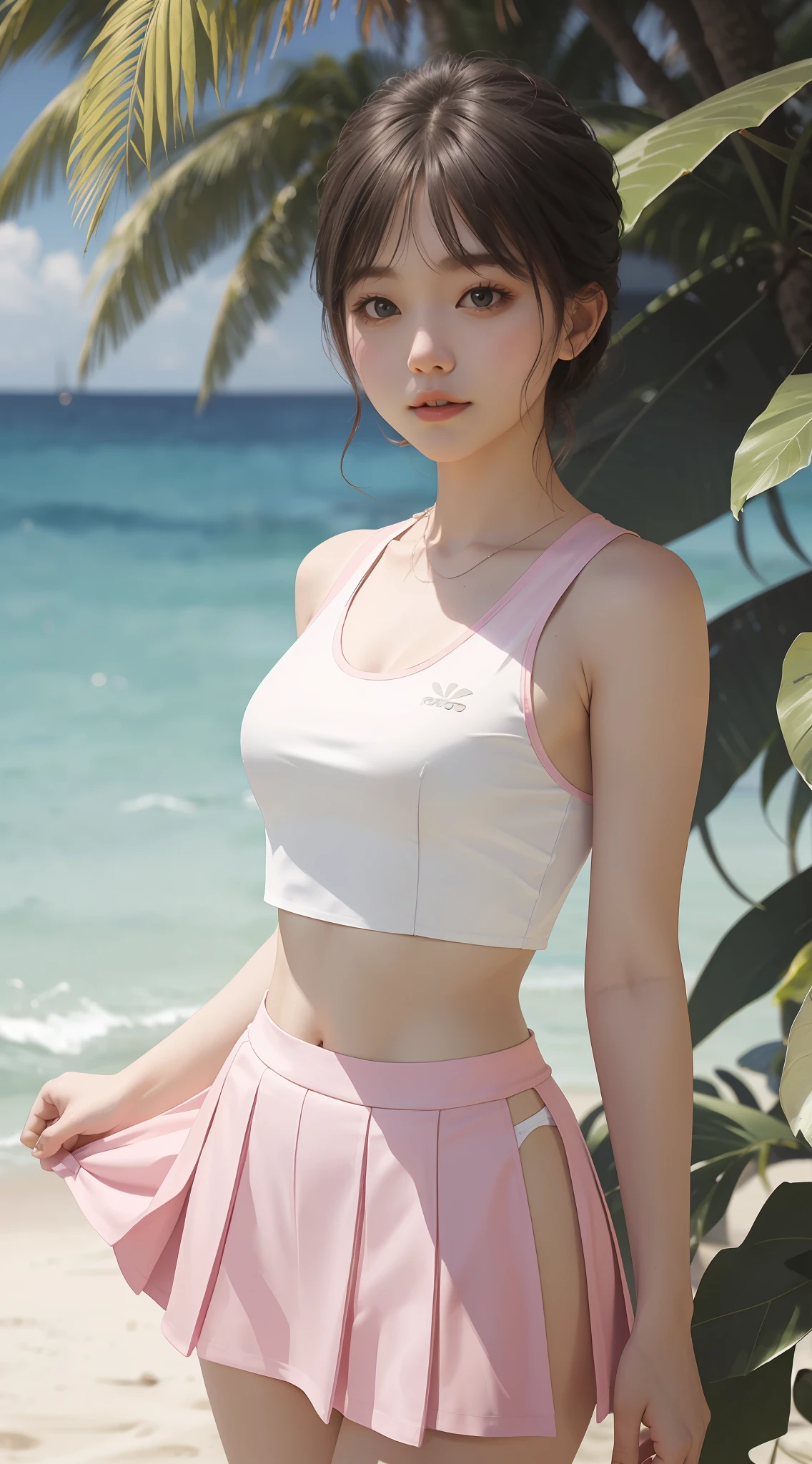 Masterpiece, highest quality, 8k, a woman posing for a photo in a white top and pink skirt, pink short skirt, wearing a two-piece swimsuit, smooth tight clothing suit, sunny, wearing a low-cut vest, wearing a suspender, wearing a vest, wearing a white camisole vest, gorgeous young Korean woman wearing a crop top and standing, beach in background, wearing black silk