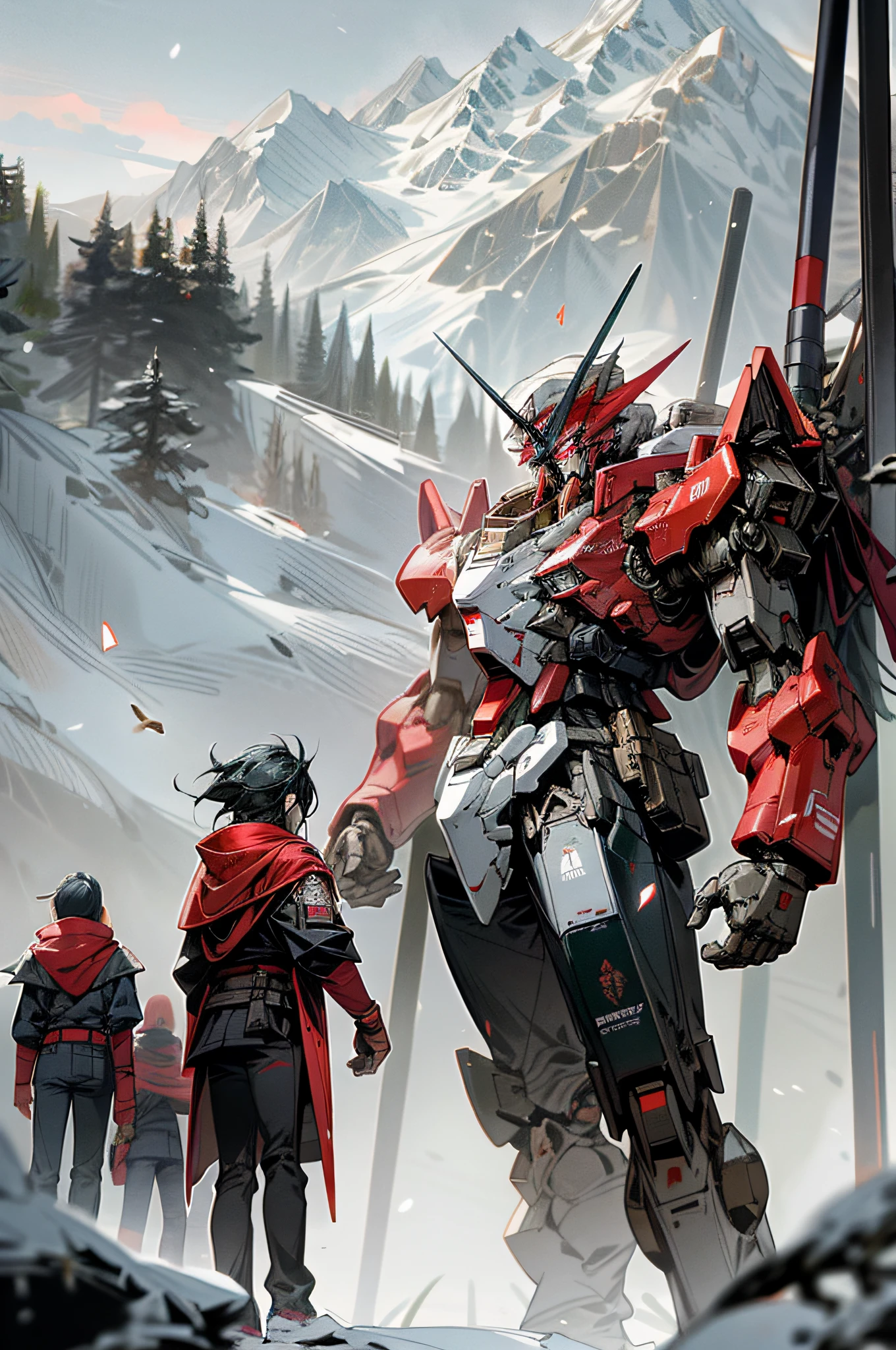 The 50-meter-tall red heretical Gundam mech warrior in red and black livery stood in the primeval forest, with snow-capped mountains in the distance, and a group of young people looking at the red heresy at his feet