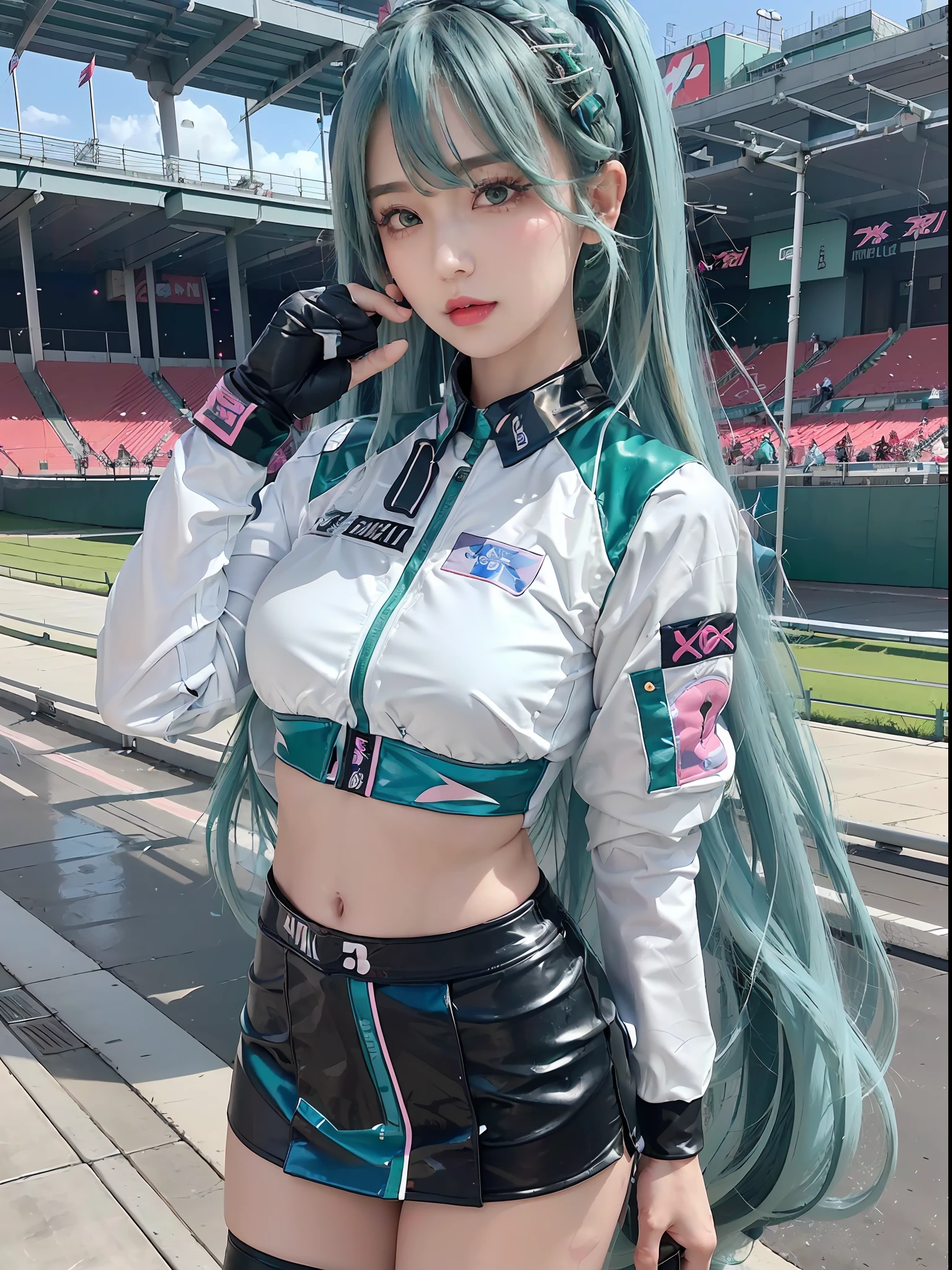 Top Quality, Ultra High Resolution, (Photorealistic: 1.4), (Pink Long Hair: 1.3), (Azure Lane\), One Girl, (Kpop Idol), Watch Audience, Detailed Face, Contrappost, Smooth Skin, Perfect Anatomy Professional Lighting, Futuristic Fashion, Streetwear, High-Tech Fabric, Racing Suit, Fireproof Material, Elbow and knee pads, racing gloves, personalized embroidery, mini skirt, belly button, long hair, emerald green hair, light blue hair, blue-green hair, Suzuka circuit, circuit home straight, race track, international circuit, supergt, big breasts, big, race queen, side tail