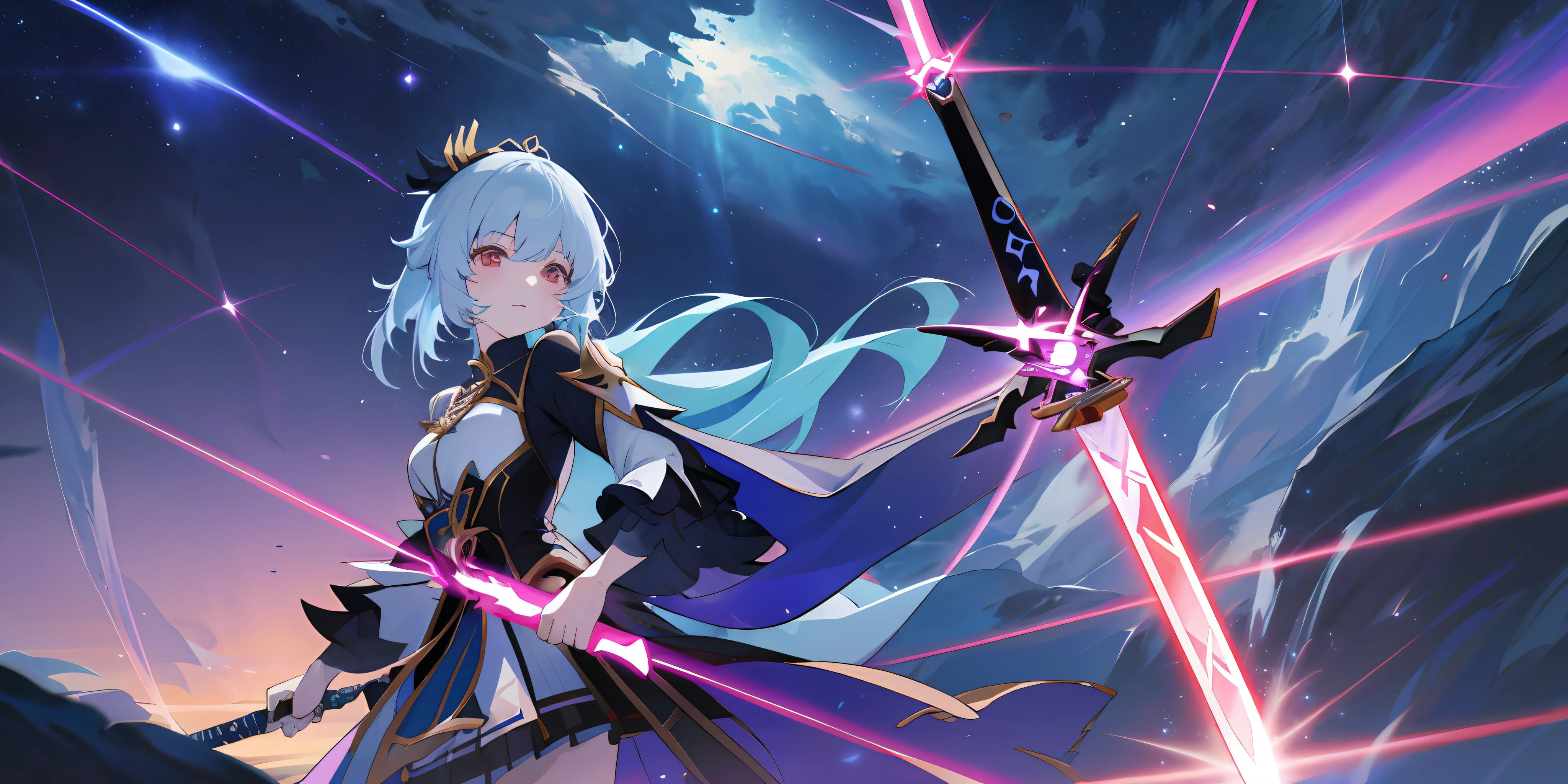 Silver white hair anime girl holding sword and sword, Ayaka Genshin Impact, Kusat Krenz Key Art Feminization, Best Anime 4k Konachan Wallpaper, Keqing from Genshin Impact, Anime Art Wallpaper 8 K, Anime Art Wallpaper 4K, Anime Art Wallpaper 4K, Detailed Key Anime Art, High Detail Official Art, Extreme Light and Shadow, Excellent Composition, Pixiv Highly Popular Works, Amber Pupils, Meticulously Depicted Face, Cold White Skin, Sky Full of Stars, Night Sky Highlighting Starry, Shooting Stars Flying