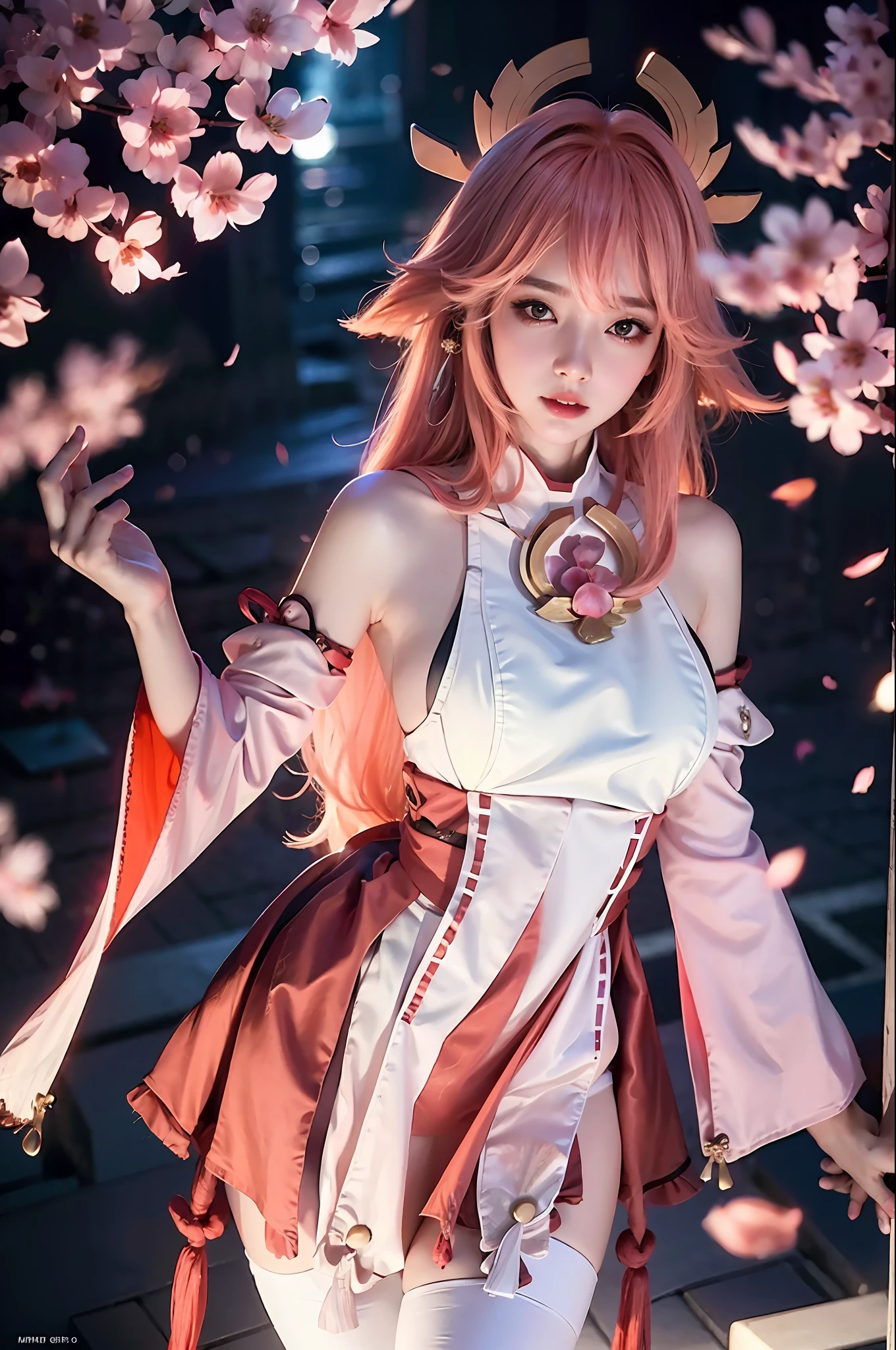 1 girl, super high resolution, (realistic, photorealistic: 1.48), omertosa, 1girl, (Kpop idol), (aegyo sal: 1), cute, bokeh, night, professional lighting, detail lighting, photon mapping, radiosity, physically based rendering, white pantyhose, backlighting, depth of field, hard focus, film grain, one meter shooting distance, professional shot, shot with Sony a9 II mirrorless camera, detailed eyes, detailed Eyes, realistic eyes, detailed shadows, look on viewer, dog ears, detailed lighting, (detailed hair, realistic hair, realistic lighting, realistic shadows, realistic clothing), realistic skin, ( Gun on the waist: 1), realistic light reflection from above, ((arm behind) ), (back of hand), tube top, sexy, night, stockings, nude, big breasts, big breasts, cherry blossoms, white dress, white dress , full body, Japanese shrine, pink filter