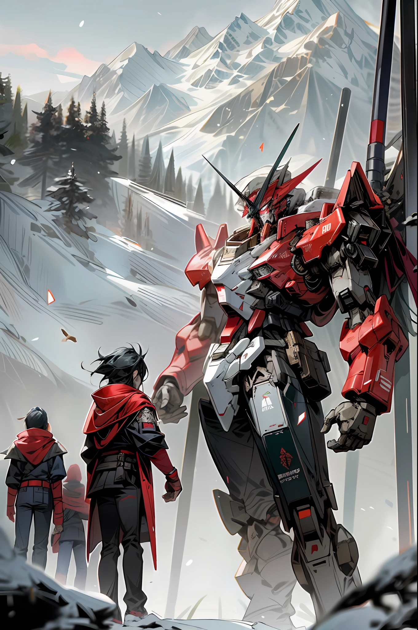 The 50-meter-tall red heretical Gundam mech warrior in red and black livery stood in the primeval forest, with snow-capped mountains in the distance, and a group of young people looking at the red heresy at his feet