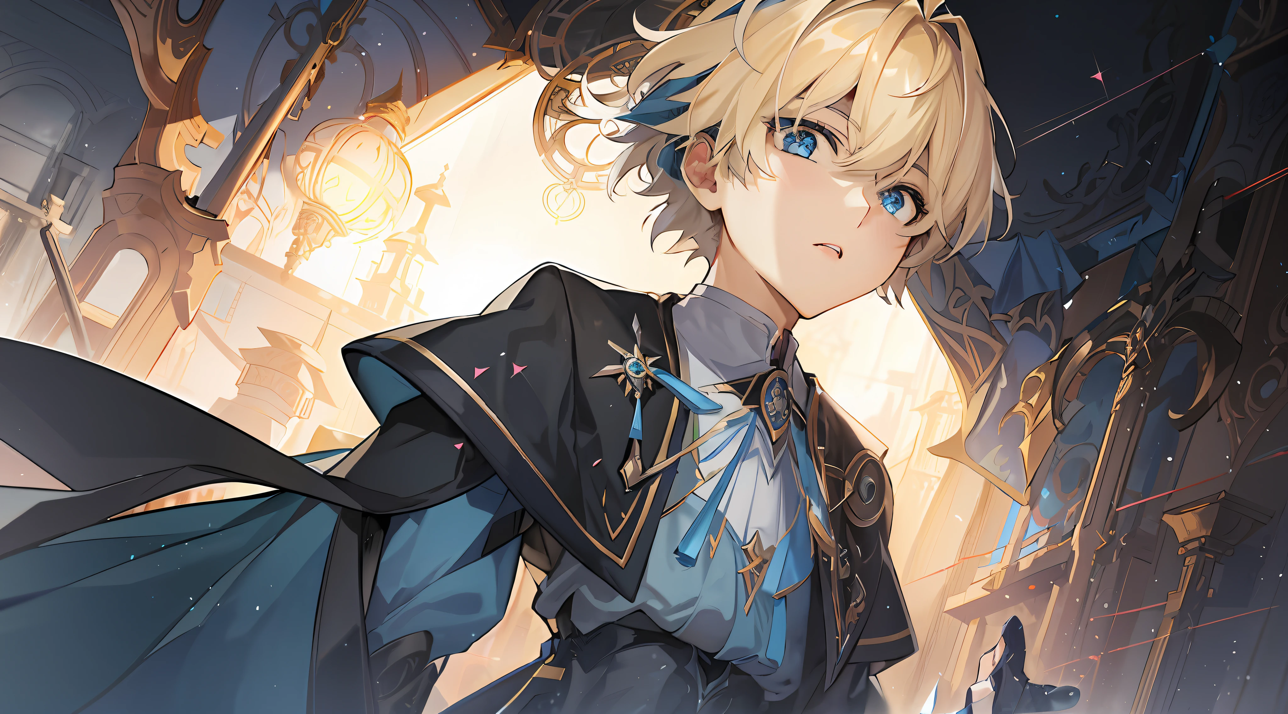 anime - style image of a man in a blue coat and a black cape, key anime art, portrait of magical blond prince, detailed key anime art, shadowverse style, fate grand order, zerochan art, tall anime guy with blue eyes, key anime visuals, handsome guy in demon slayer art, artoria pendragon, high detailed official artwork --auto --s2