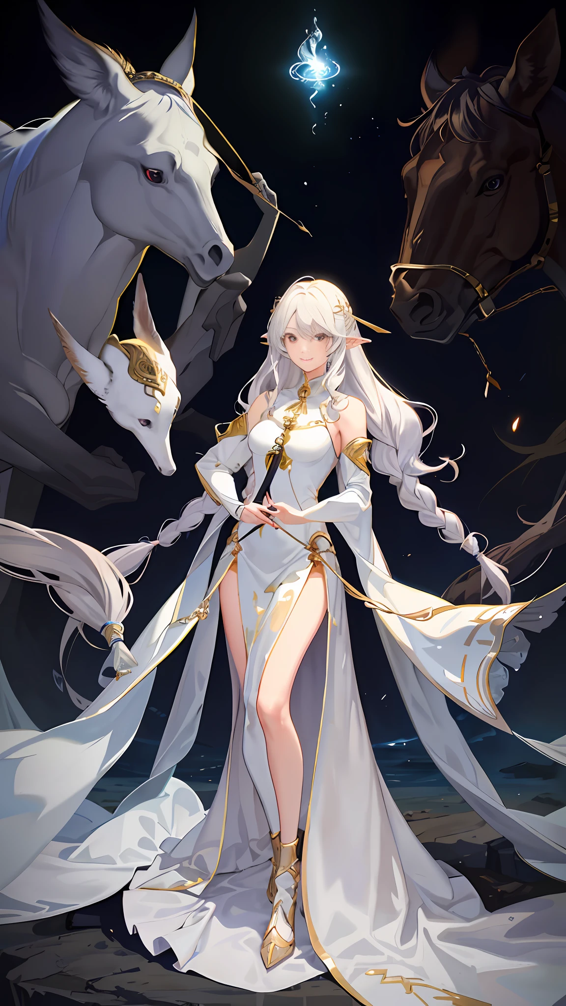 (Fidelity: 1.4), magical, masterpiece, ((female, big)), slim, muscular, sharp ears, light gray skin, long curly white hair, red eyes, smile, be careful, do not disturb, Recite the Pipa