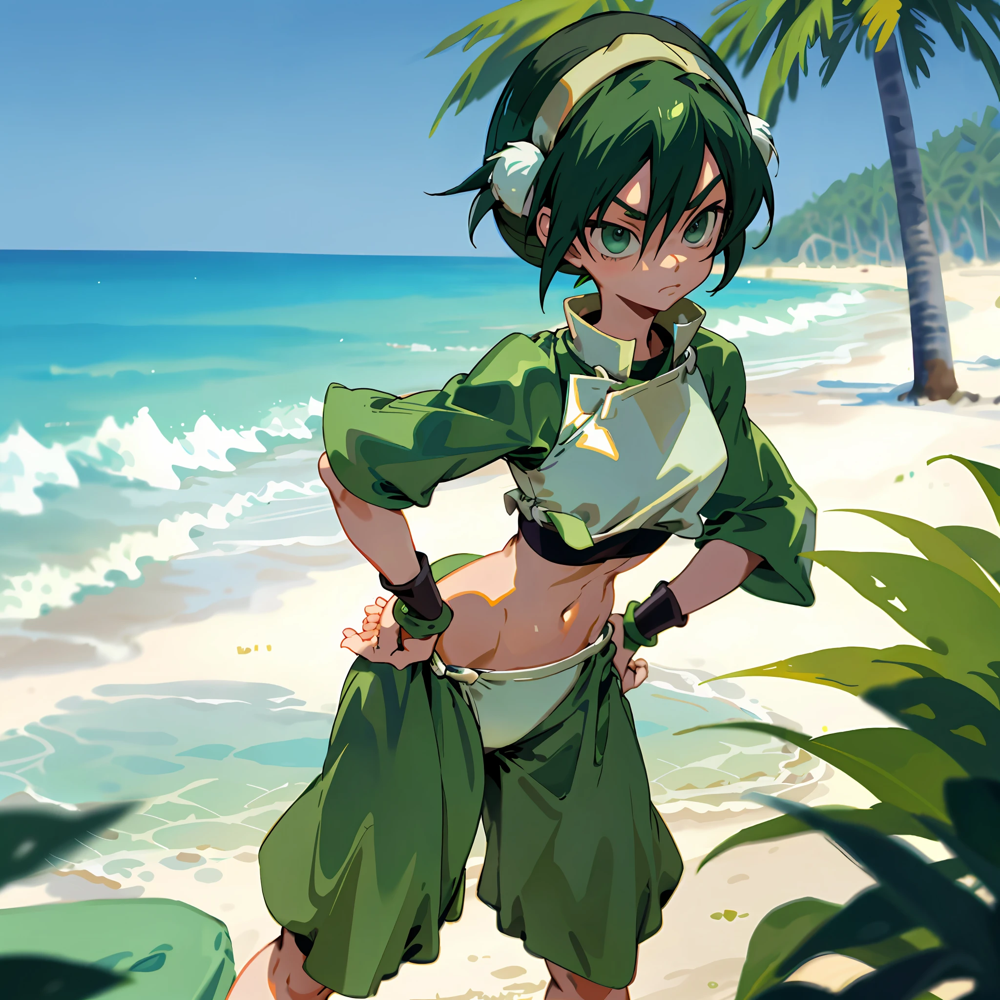 Toph, bikini, at the beach, leaning forwards, hands on hips, sassy expression